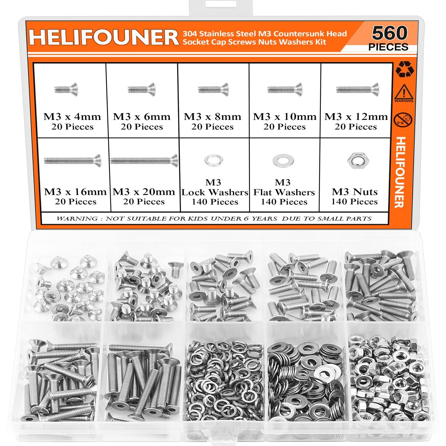 Helifouner 560 Pieces M3 X 4Mm /6Mm /8Mm /10Mm /12Mm /16Mm /20Mm, Countersunk Head Socket Cap Screws Bolts Washers Nuts Kit, 304 Stainless Steel