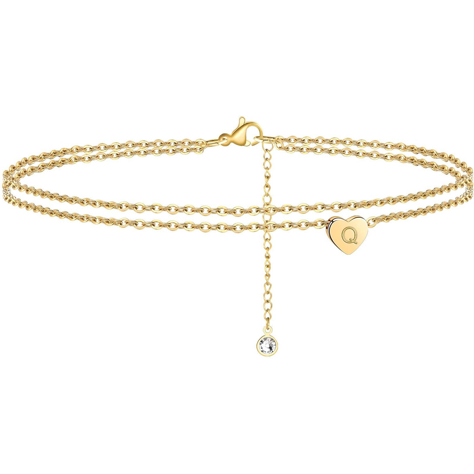 Turandoss Layered Initial Ankle Bracelets For Women, 14K Gold Filled Everyday Layered Chain Boho Beach Style Summer Initial Anklets For Women Anklet With Initials Q