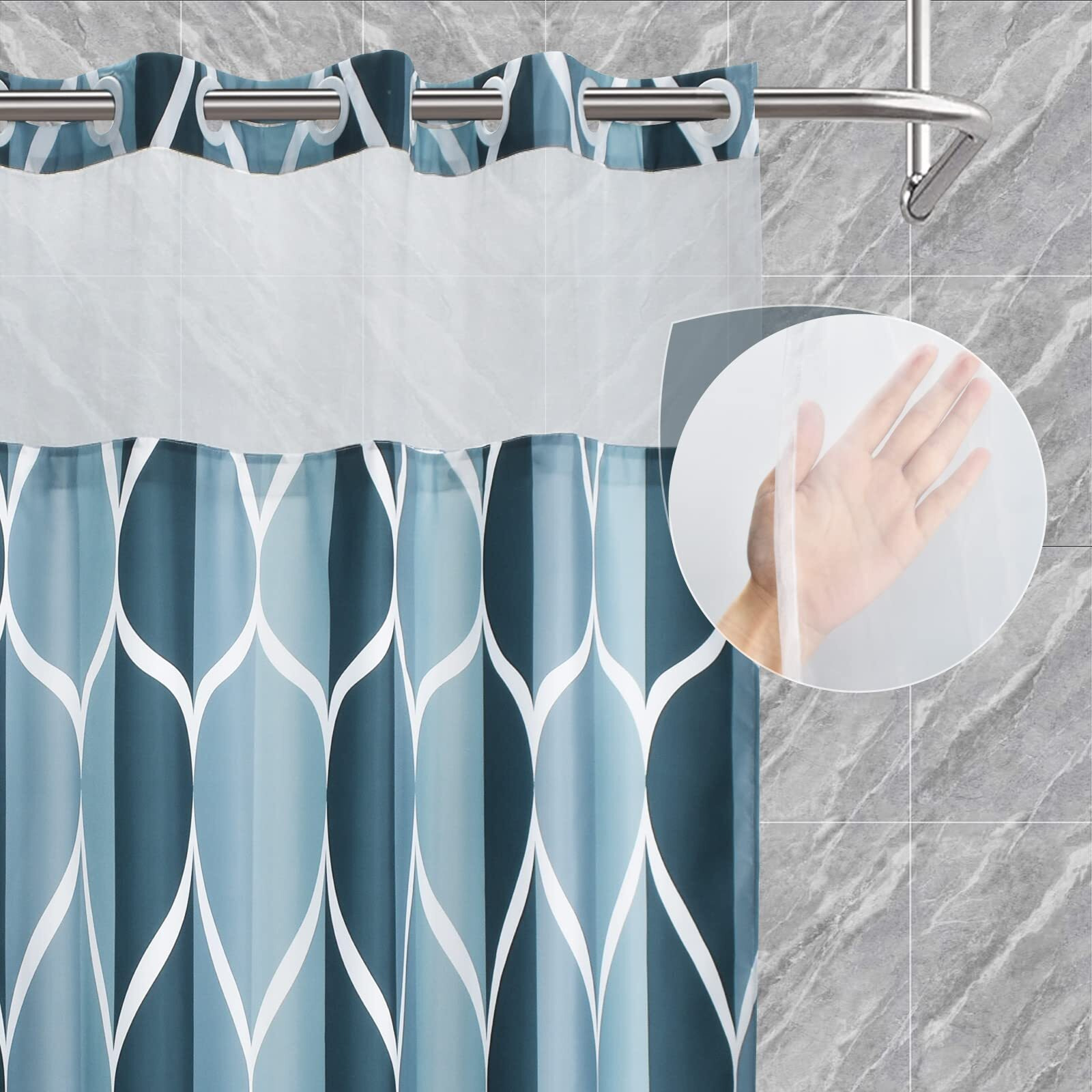 Yiatn No Hook Aegean Blue Shower Curtain With Snap In Fabric Liner Set - Hotel Style With See Through Mesh Top Window, Modern Geometric Waterdrop Design,Waterproof And Washable, 71X74 Inch