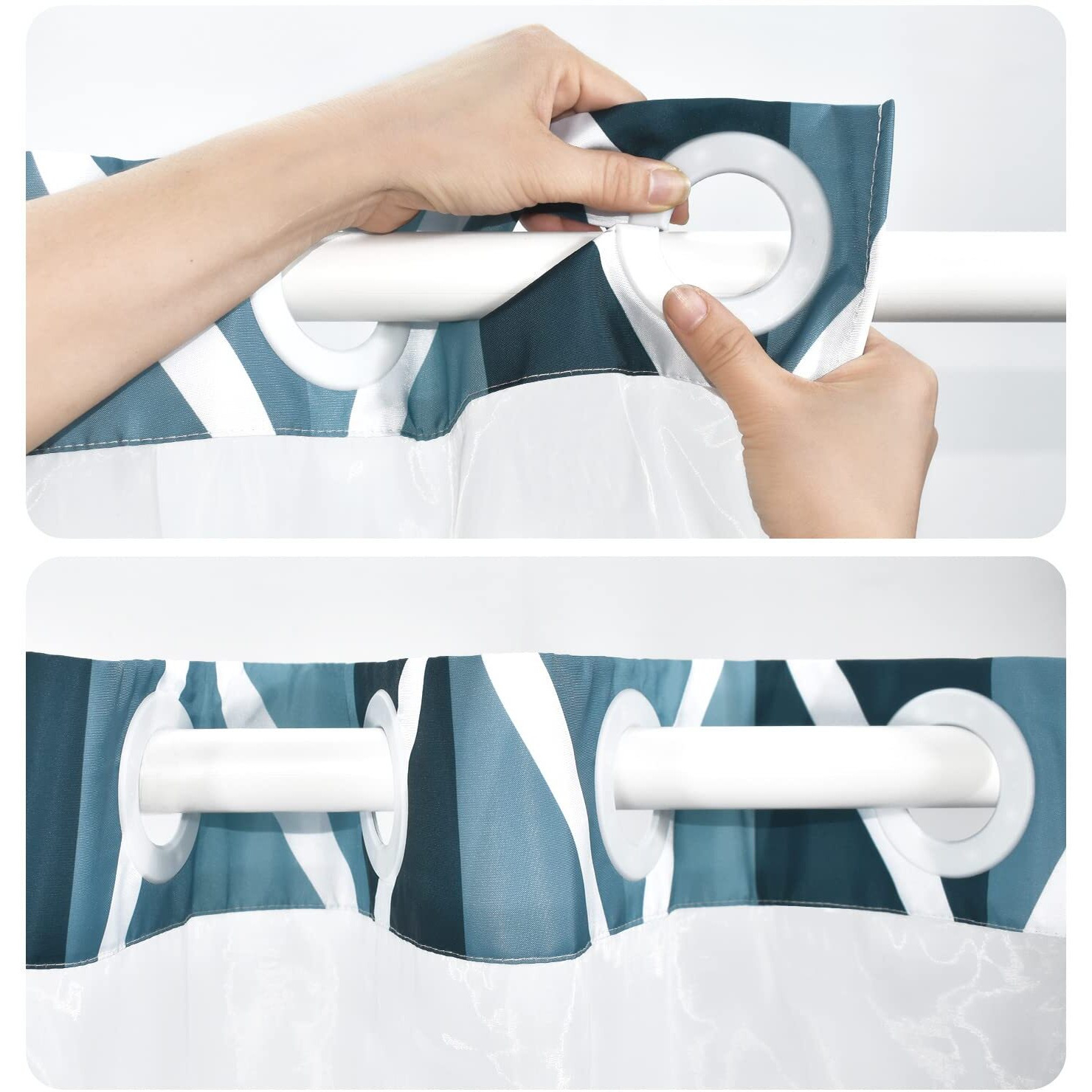 Yiatn No Hook Aegean Blue Shower Curtain With Snap In Fabric Liner Set - Hotel Style With See Through Mesh Top Window, Modern Geometric Waterdrop Design,Waterproof And Washable, 71X74 Inch