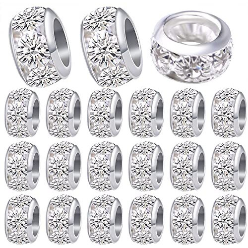 40Pcs 10 Mm Silver European Rhinestone Spacer Beads Brass Large Hole Beads Round Rondelle Loose Charm Beads For Snake Chain Bracelet Necklace Jewelry Making Supplies, Hole 5.5 Mm