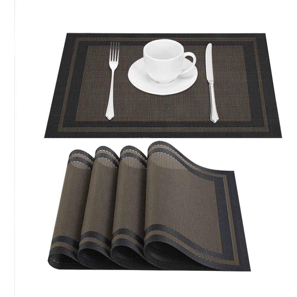 Giverare Placemats Set Of 4, Heat-Resistant Woven Vinyl Placemat, Non-Slip Washable Pvc Table Mat, Easy To Clean Premium Plastic Table Mats For Dining Table, Kitchen Table (Black+Gold)