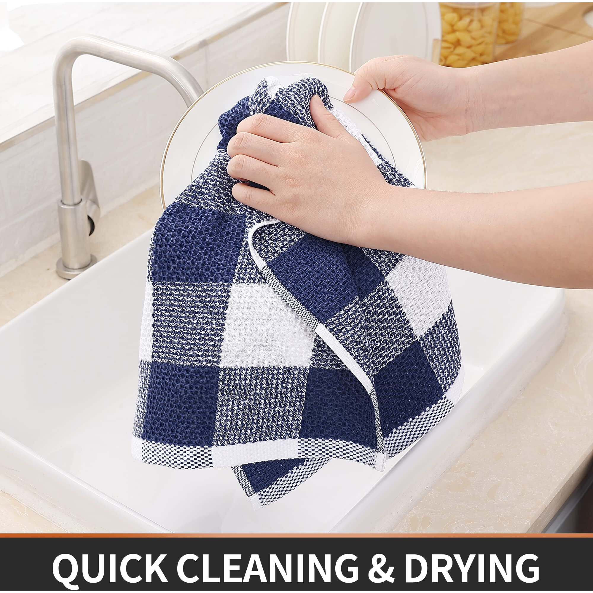 Homaxy 100% Cotton Waffle Weave Check Plaid Kitchen Towels, 13 X 28 Inches, Super Soft And Absorbent Dish Towels For Drying Dishes, 4-Pack, White & Navy Blue