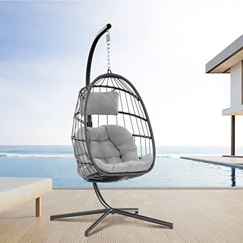 Egg Swing Chair With Stand Hanging Egg Chair Outdoor - Rattan Wicker Patio Hanging Basket Chair Hammock Chair With Aluminum Steel Frame And Uv Resistant Cushion For Indoor Bedroom Balcony (Grey)