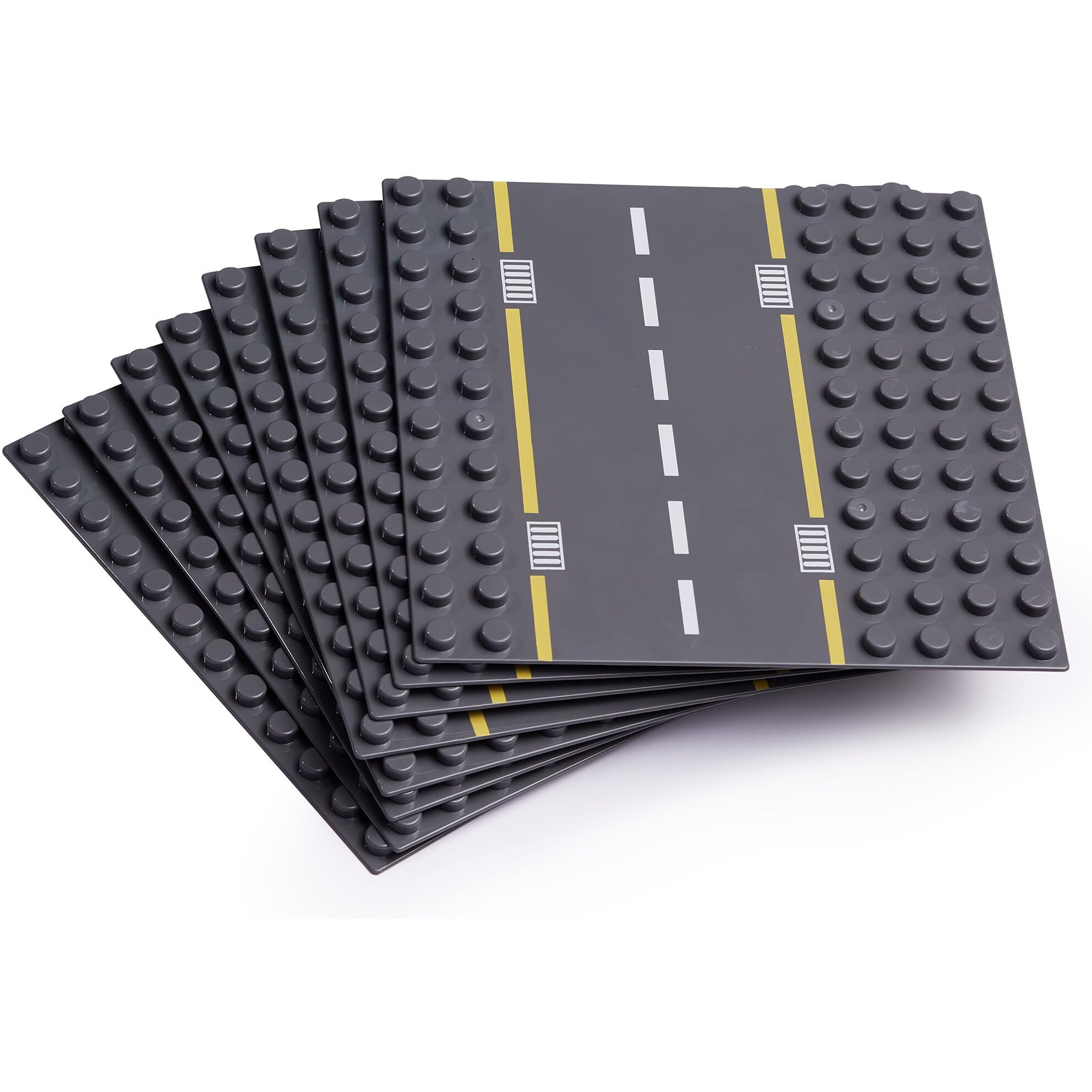 Large Building Blocks Road Base Plates Compatible With All Major Brands - 8Pcs Straight And Curved Road Plates For Construction Blocks - 7.5 X 7.5 Inch Street Baseplates, Stem Learning