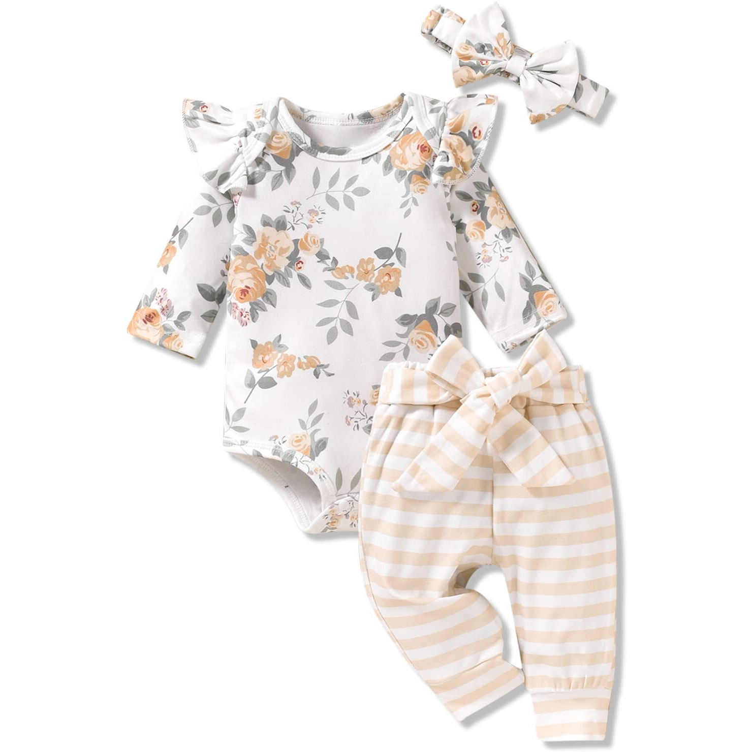 Aalizzwell 12-18 Months Infant Baby Girls Clothes Floral Long Sleeve Striped Fall Winter Spring Outfit Yellow