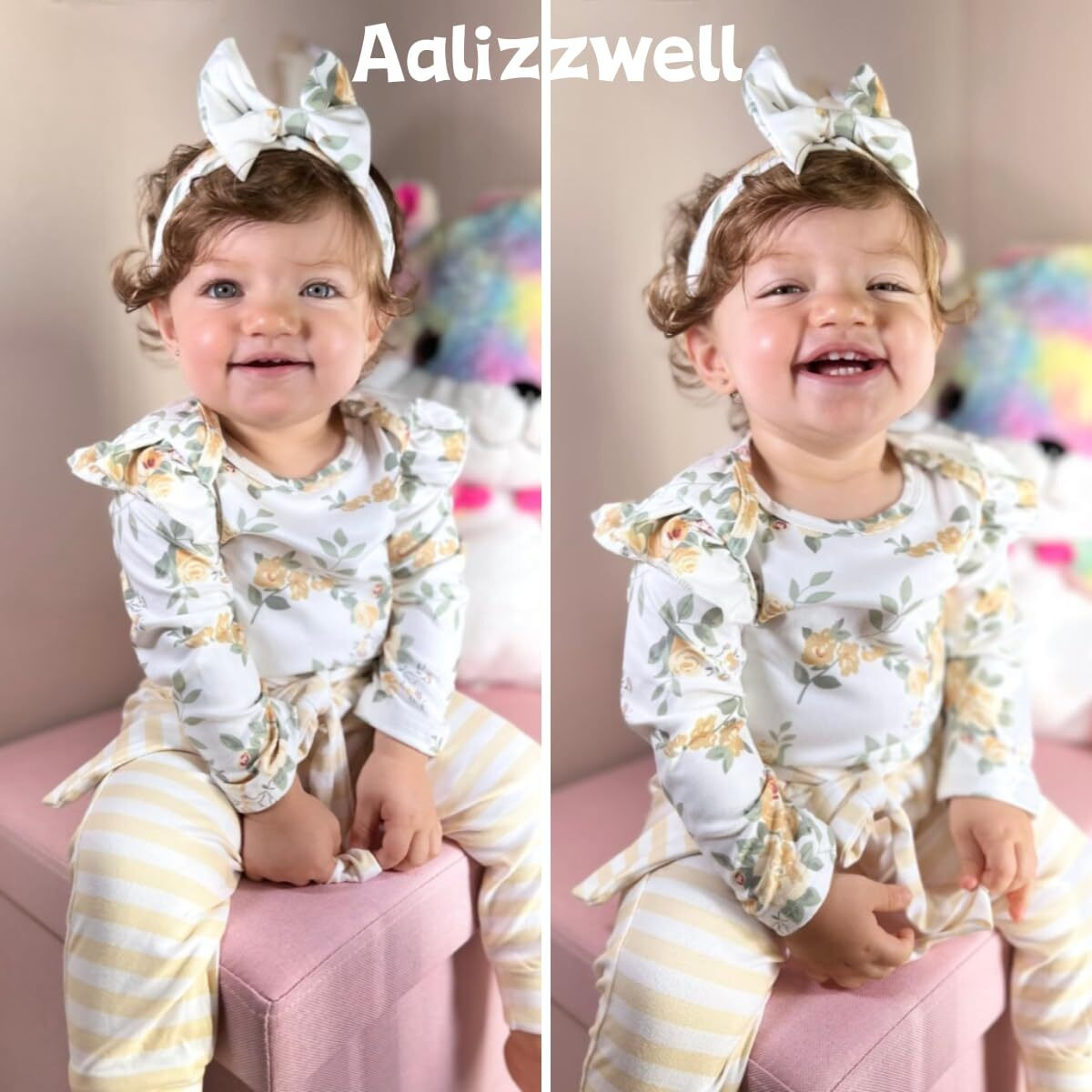 Aalizzwell 12-18 Months Infant Baby Girls Clothes Floral Long Sleeve Striped Fall Winter Spring Outfit Yellow