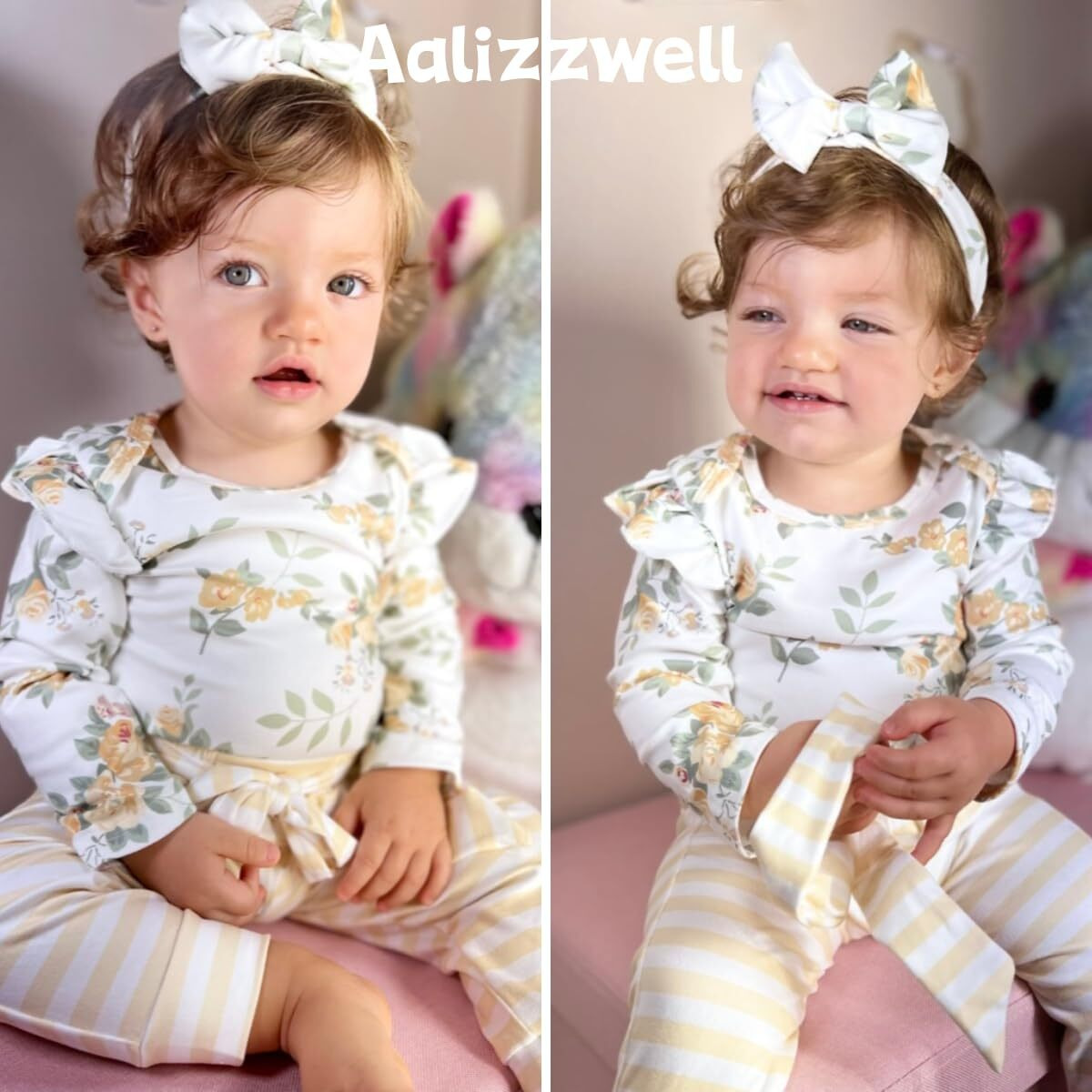 Aalizzwell 12-18 Months Infant Baby Girls Clothes Floral Long Sleeve Striped Fall Winter Spring Outfit Yellow