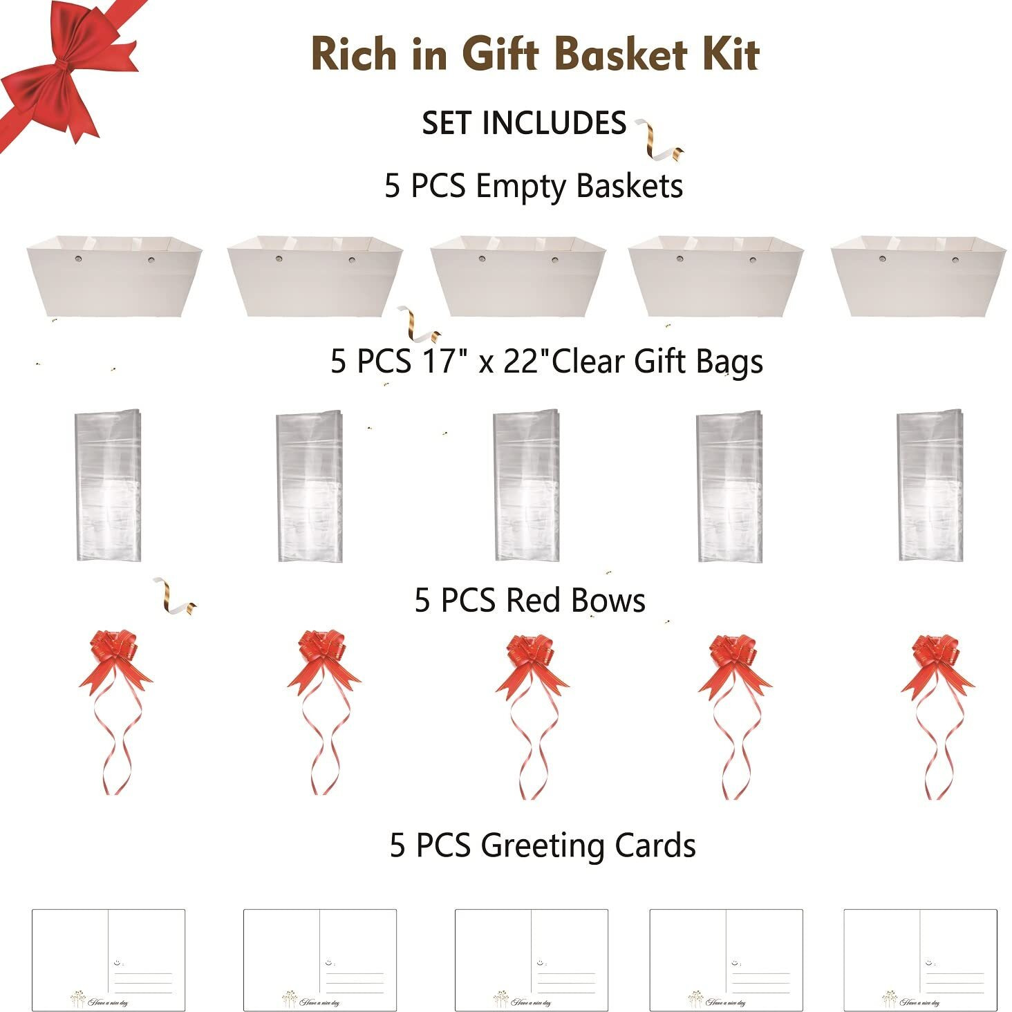 Baskets For Gifts Empty, 5 Pcs White Gift Bags With Handles Diy Kit, Gift Basket Empty To Fill Bulk For Party Favors Wedding Birthday Christmas Halloween Holiday Thank You Get Well Soon