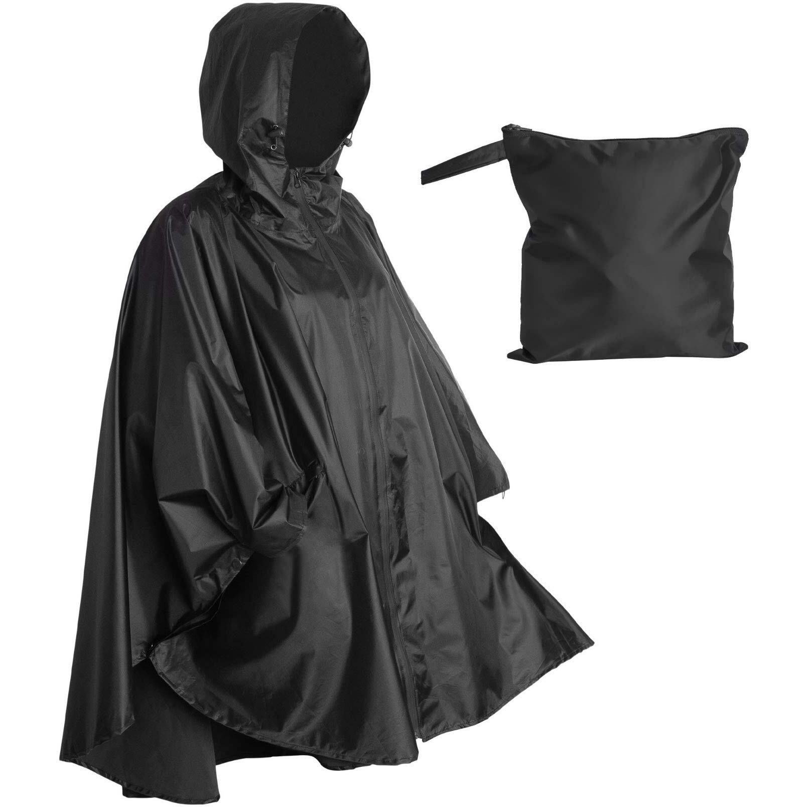 Heavy Duty Rain Poncho For Backpacking, Waterproof Lightweight For Adults, Military, Emergency, Camping, Men, Women (Adult-Black)
