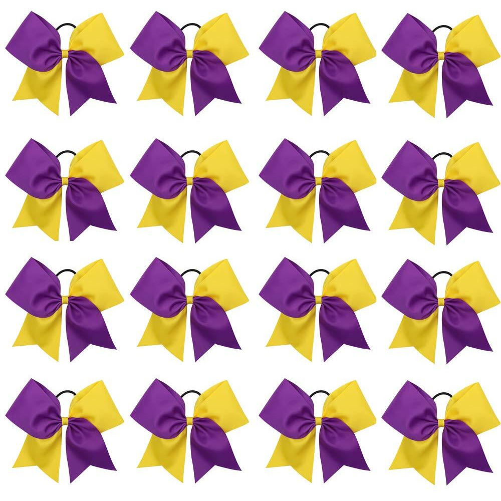 16Pcs 8 Large Cheer Hair Bows Ponytail Holder Elastic Band Handmade For Cheerleading Teen Girls College Sports (16 Pcs) (Apurplegold)