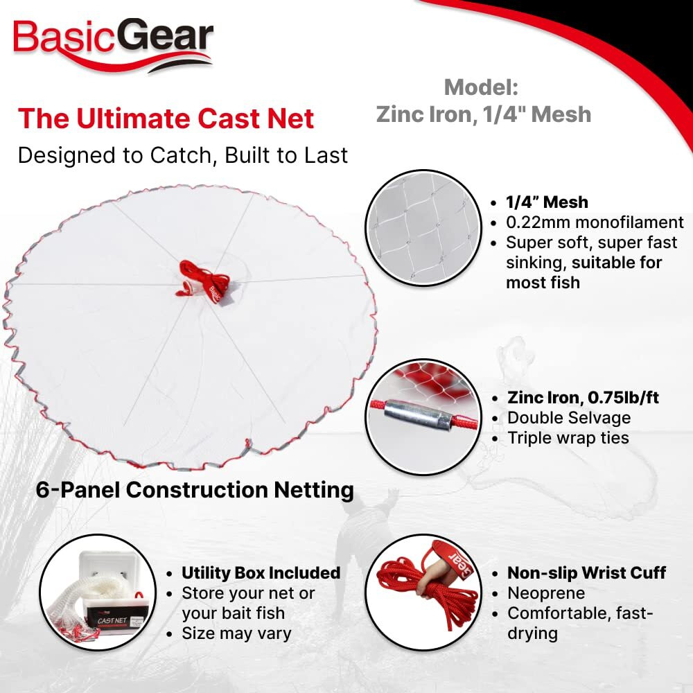 Basicgear Cast Net | Zinc Iron, 4Ft Radius, 1/4 Inch Mesh For Freshwater And Saltwater Bait Fish | Professional Grade And Upgraded Material | Throw Style