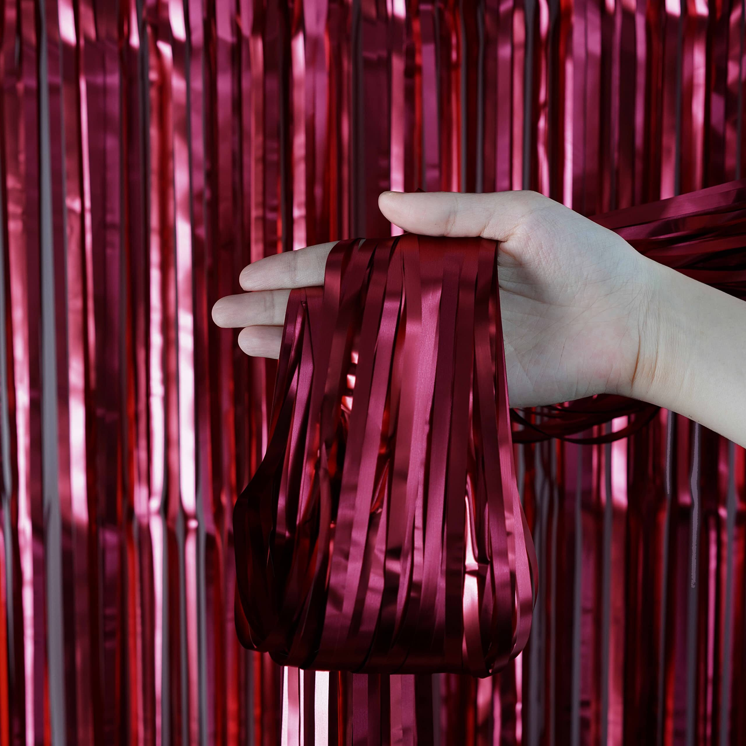 Burgundy Bachelorette Party Tinsel Foil Fringe Curtains For Wedding Anniversary Bridal Shower Happy Birthday Valentines Mothers Day Graduation Party Photo Booth Props Backdrops Decorations, 4Pc