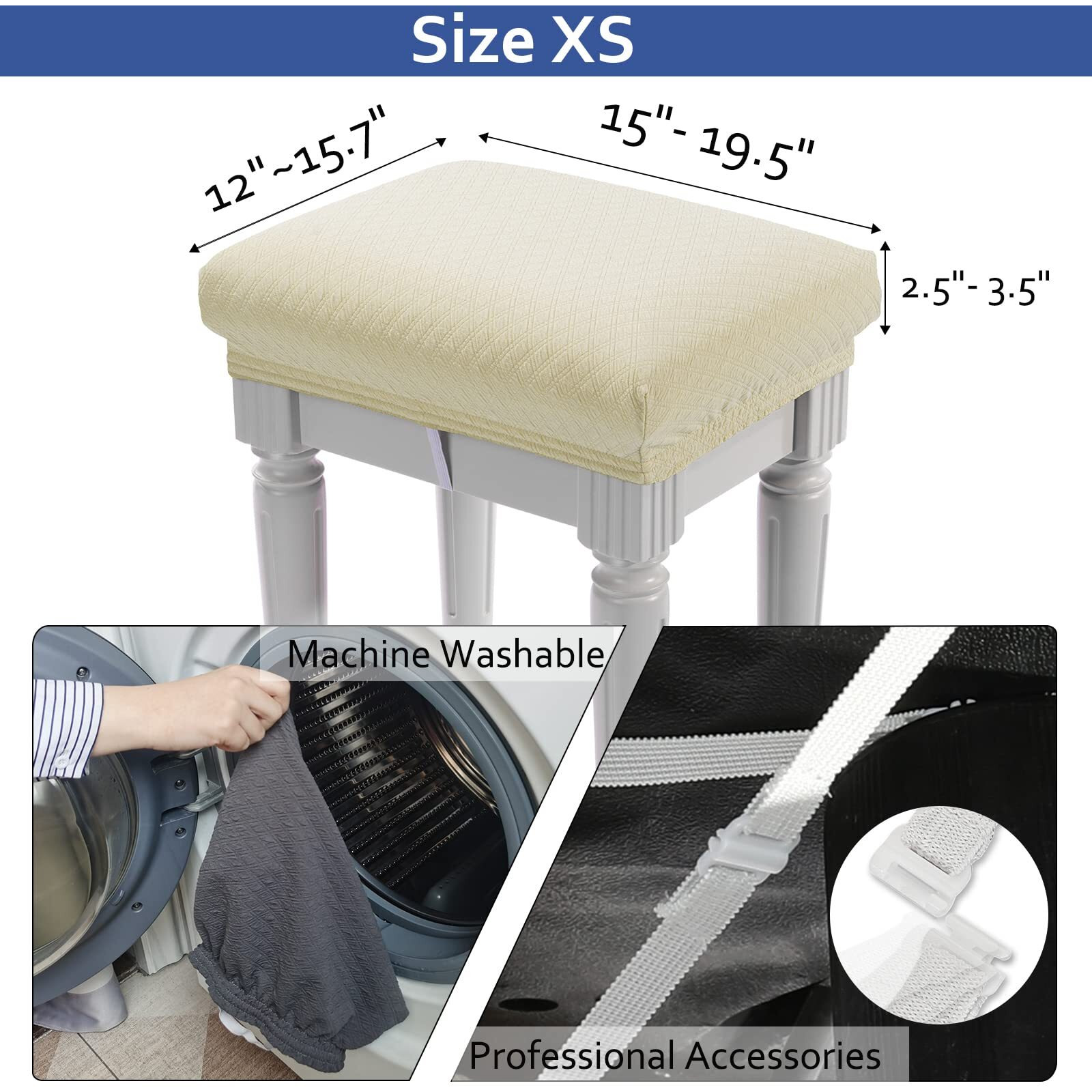 Buyue Luxury Vanity Bench Stool Cover, (15 ""- 20 "") L X (11.8 ""- 15.7 "") W Rectangle Small Bench Stretch Jacquard Washable Slipcover (Xs, Beige)
