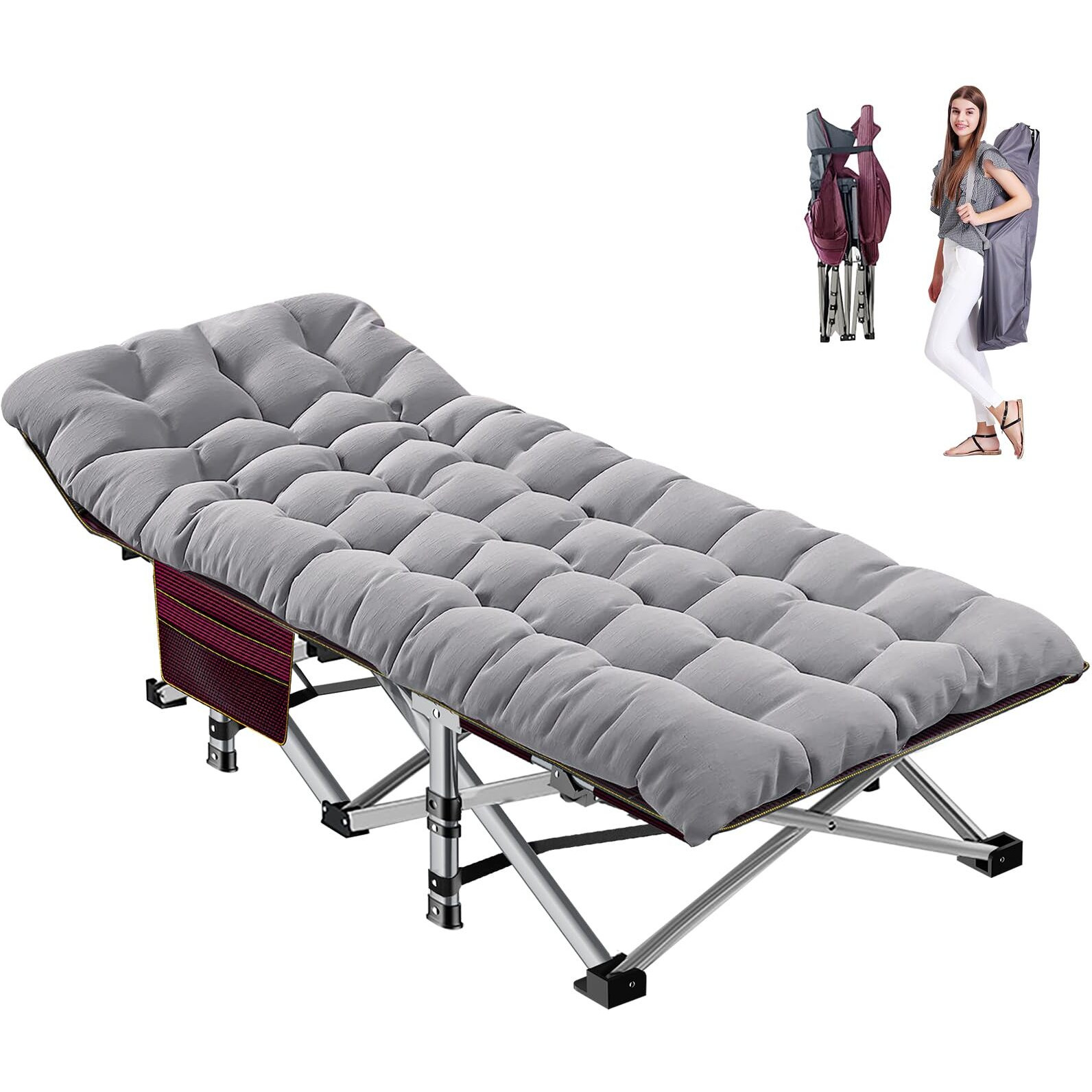Aboron Folding Camping Cot W/Mat For Adults, Heavy Duty Outdoor Bed With Carry Bag,1200 D Layer Oxford Travel Camp Cots