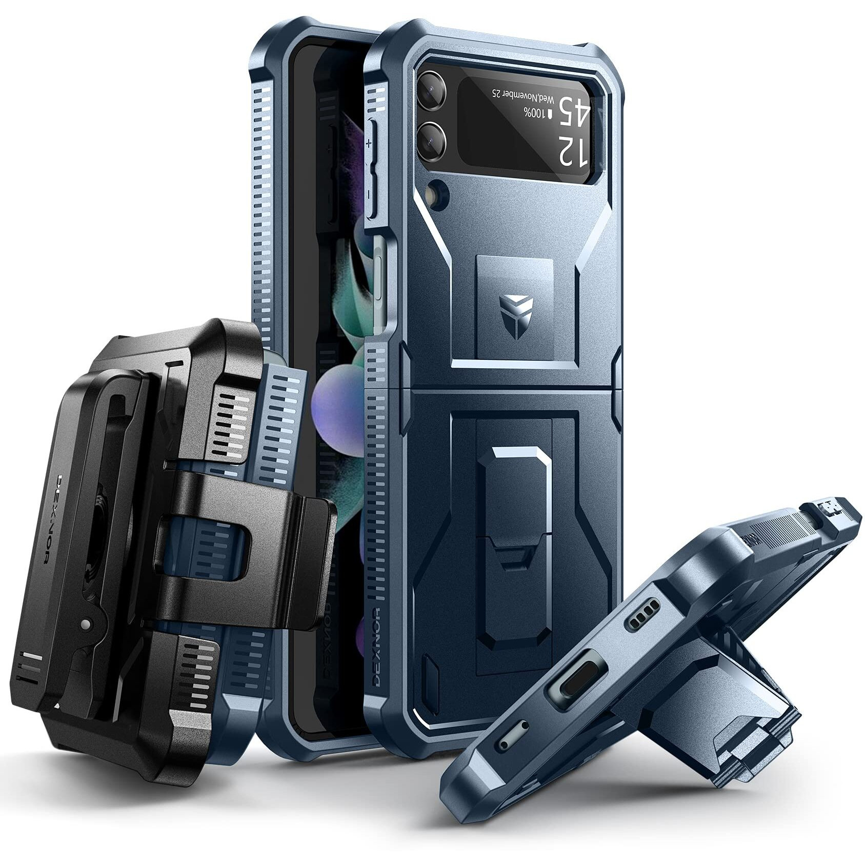 Dexnor Shockproof Case For Samsung Galaxy Z Flip 3 5G,Rugged Bumper Protective Case With Foldable Kickstand, Holster Cover With 360      Rotatable Belt Clip,Navy Blue