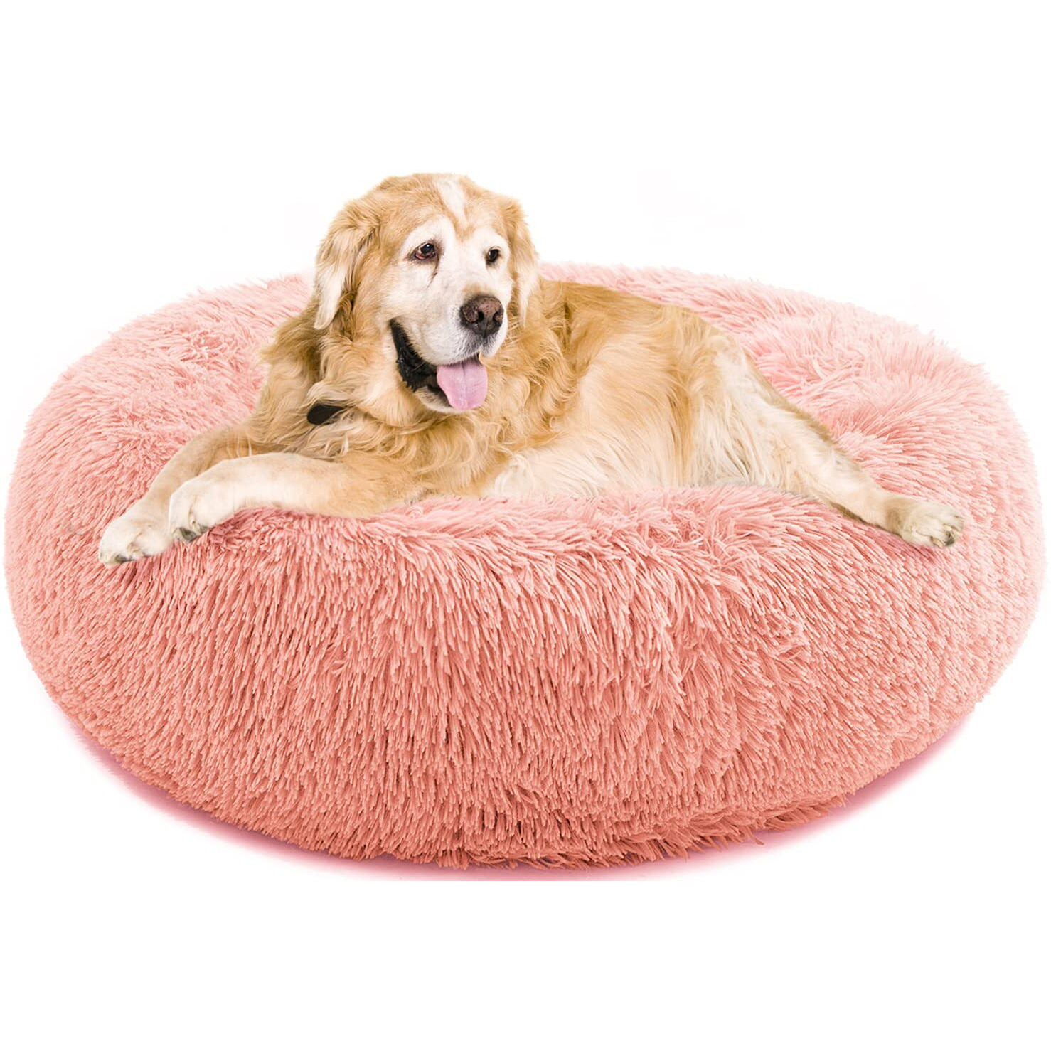 Calming Dog Bed For Large Dogs, Anti Anxiety Dog Bed, Round Dog Bed, Plush Faux Fur Dog Bed, Fluffy Dog Bed, Soft Cozy Pet Bed, Machine Washable, 30X30Inch Pink