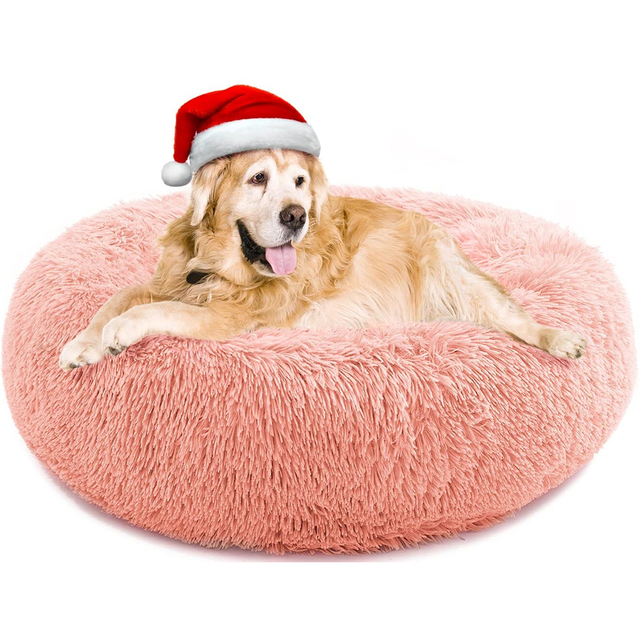 Calming Dog Bed For Large Dogs, Anti Anxiety Donut Dog Bed, Round Dog Bed, Plush Faux Fur Dog Bed, Fluffy Dog Bed, Soft Cozy Pet Bed, Machine Washable, 36X36Inch Pink