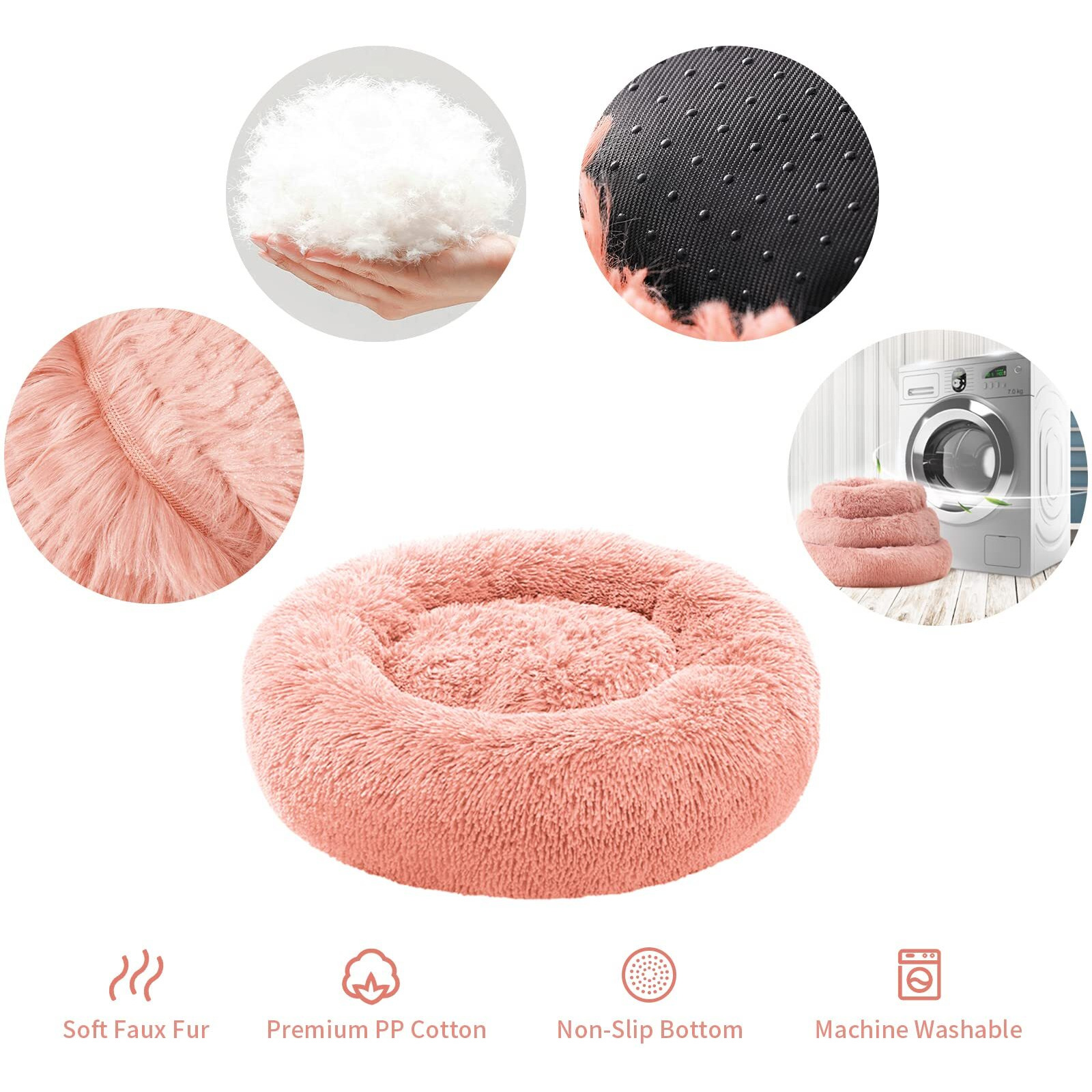 Calming Dog Bed For Large Dogs, Anti Anxiety Donut Dog Bed, Round Dog Bed, Plush Faux Fur Dog Bed, Fluffy Dog Bed, Soft Cozy Pet Bed, Machine Washable, 36X36Inch Pink