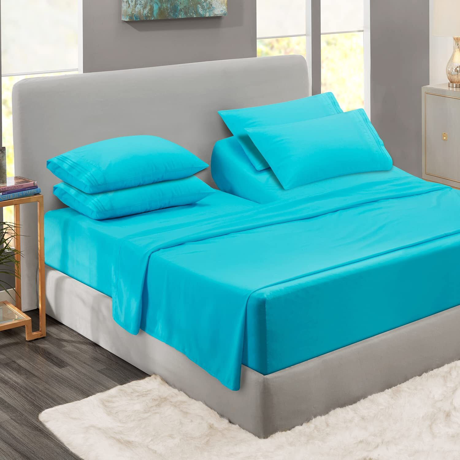 Clara Clark Flex Top King Sheets, 6 Piece Set - Hotel Luxury Sheets For Top Split King Bed, Super Soft Bedding Sheets & Pillowcases, Head Split King Sheets, Beach Blue