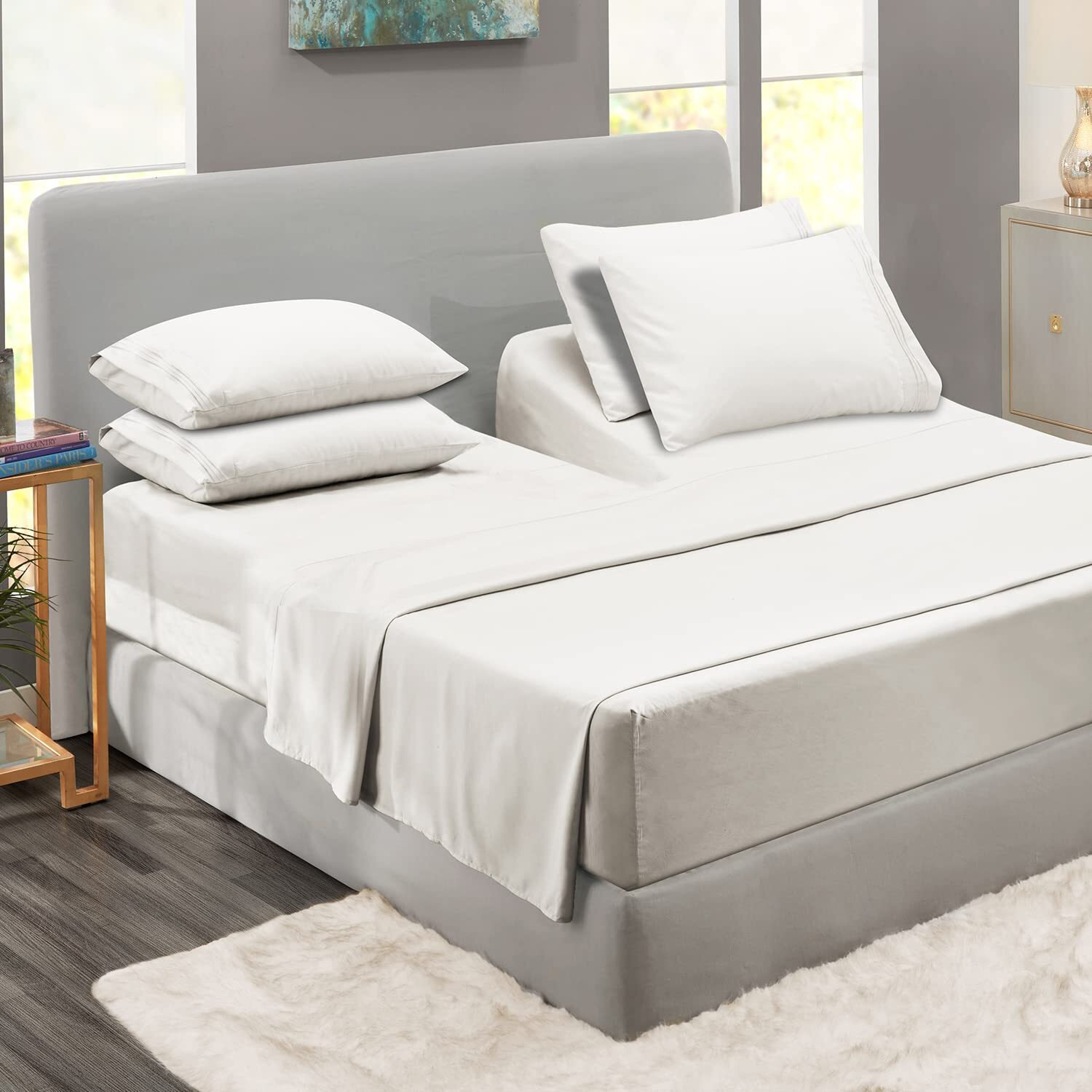 Clara Clark Flex Top King Sheets, 6 Piece Set - Hotel Luxury Sheets For Top Split King Bed, Super Soft Bedding Sheets & Pillowcases, Head Split King Sheets, White