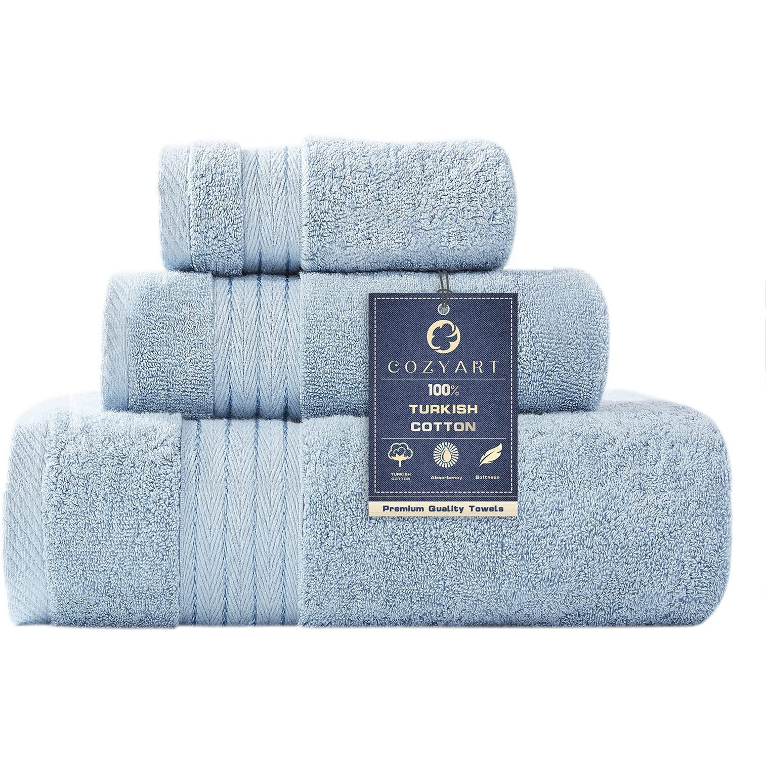 Cozyart Light Blue Towels Set For Bathroom 3Pcs, Turkish Cotton Bath Towels Sets For Bathroom Soft Highly Absorbent 650 Gsm With 1 Bath Towel, 1 Hand Towel, 1 Washclothe