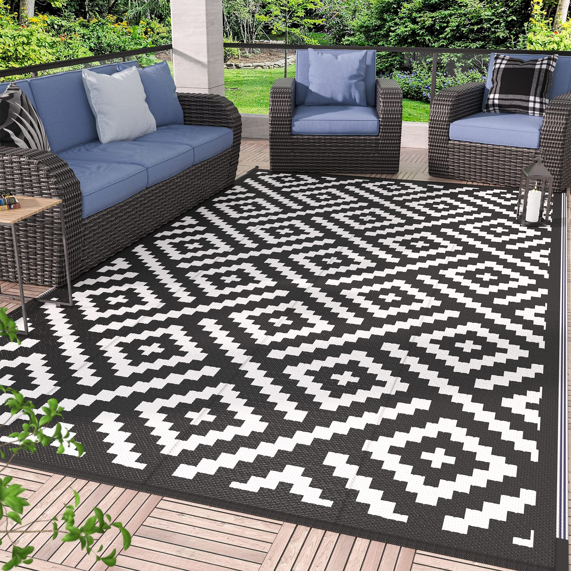 Genimo Outdoor Rugs 8X10 Waterproof, Reversible Mats, Area Plastic Straw Rug, Outside Carpet, Geometric Rv Mat For Patio Camping Picnic Backyard Deck Balcony Porch Beach Trailer (Black & White)