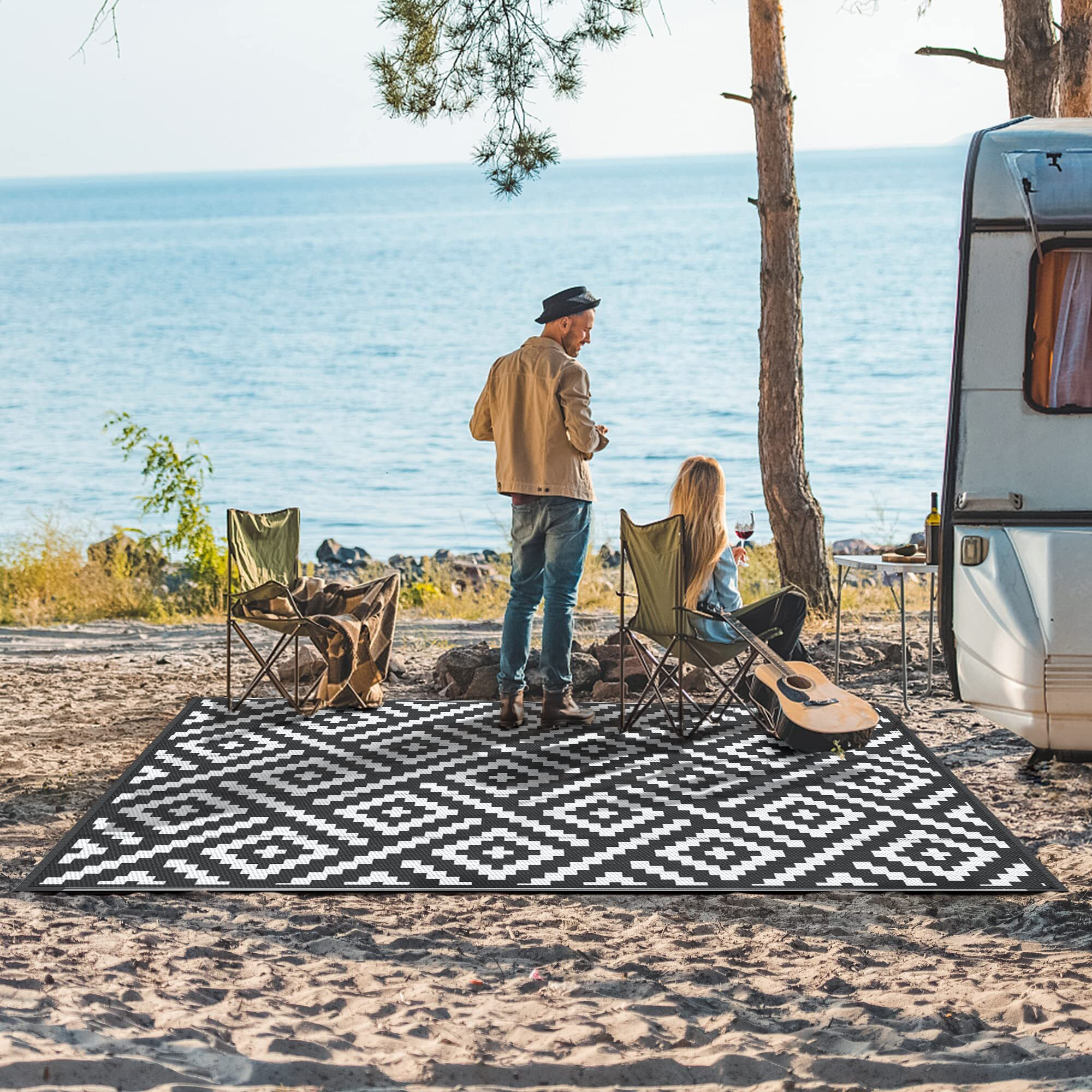 Genimo Outdoor Rugs 8X10 Waterproof, Reversible Mats, Area Plastic Straw Rug, Outside Carpet, Geometric Rv Mat For Patio Camping Picnic Backyard Deck Balcony Porch Beach Trailer (Black & White)