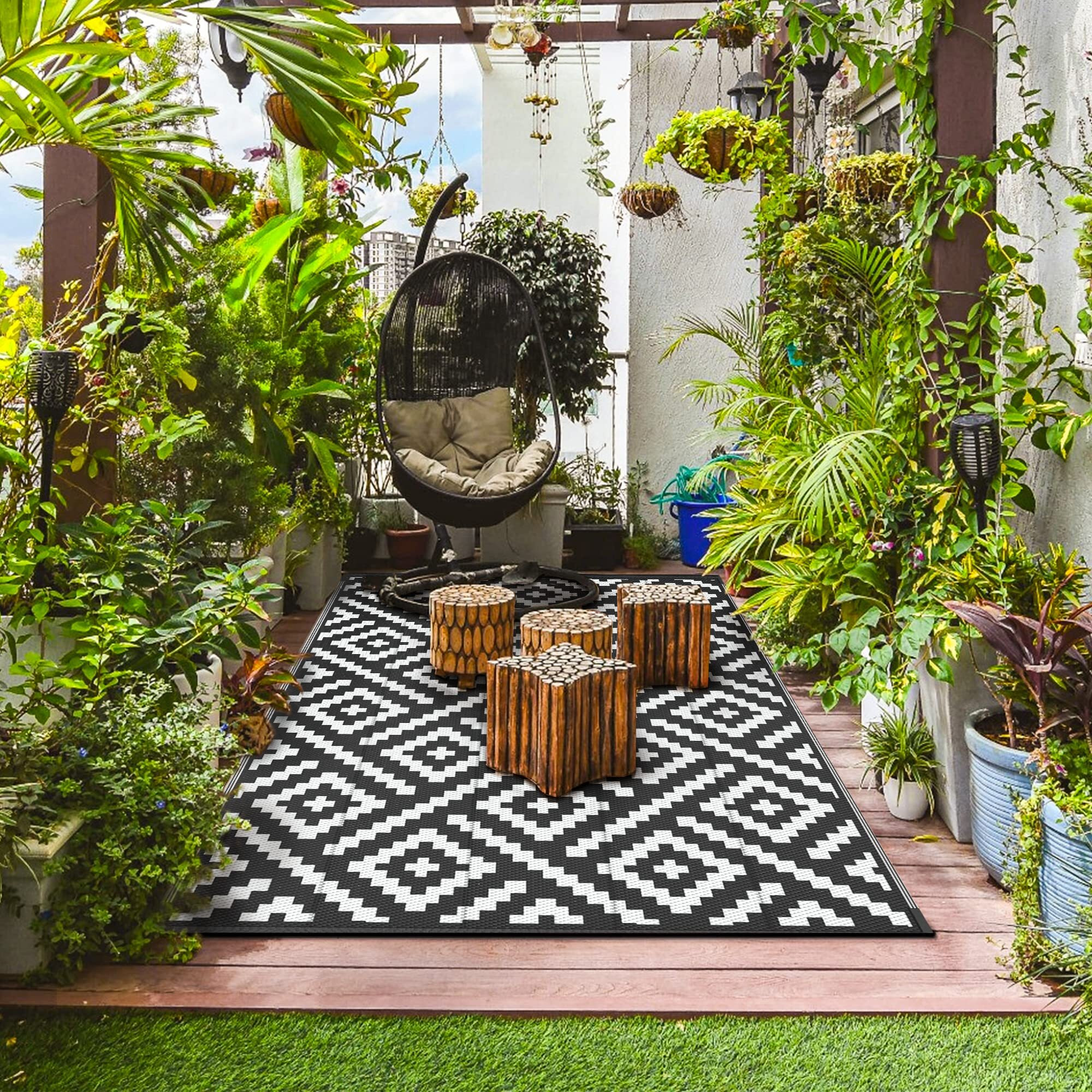 Genimo Outdoor Rugs 8X10 Waterproof, Reversible Mats, Area Plastic Straw Rug, Outside Carpet, Geometric Rv Mat For Patio Camping Picnic Backyard Deck Balcony Porch Beach Trailer (Black & White)