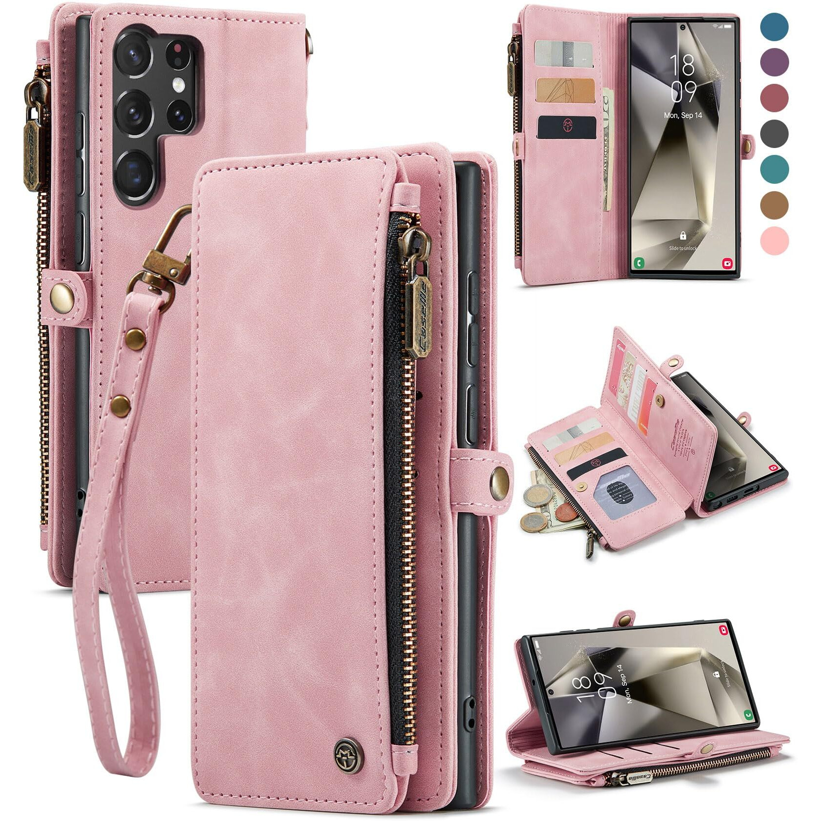 Defencase Compatible With Samsung Galaxy S23 Ultra Case Wallet With Rfid Blocking Card Holder For Women Men, Pu Leather Magnetic Snap Flip Zipper Strap Phone Case Fit For Galaxy S23 Ultra 5G, Pink