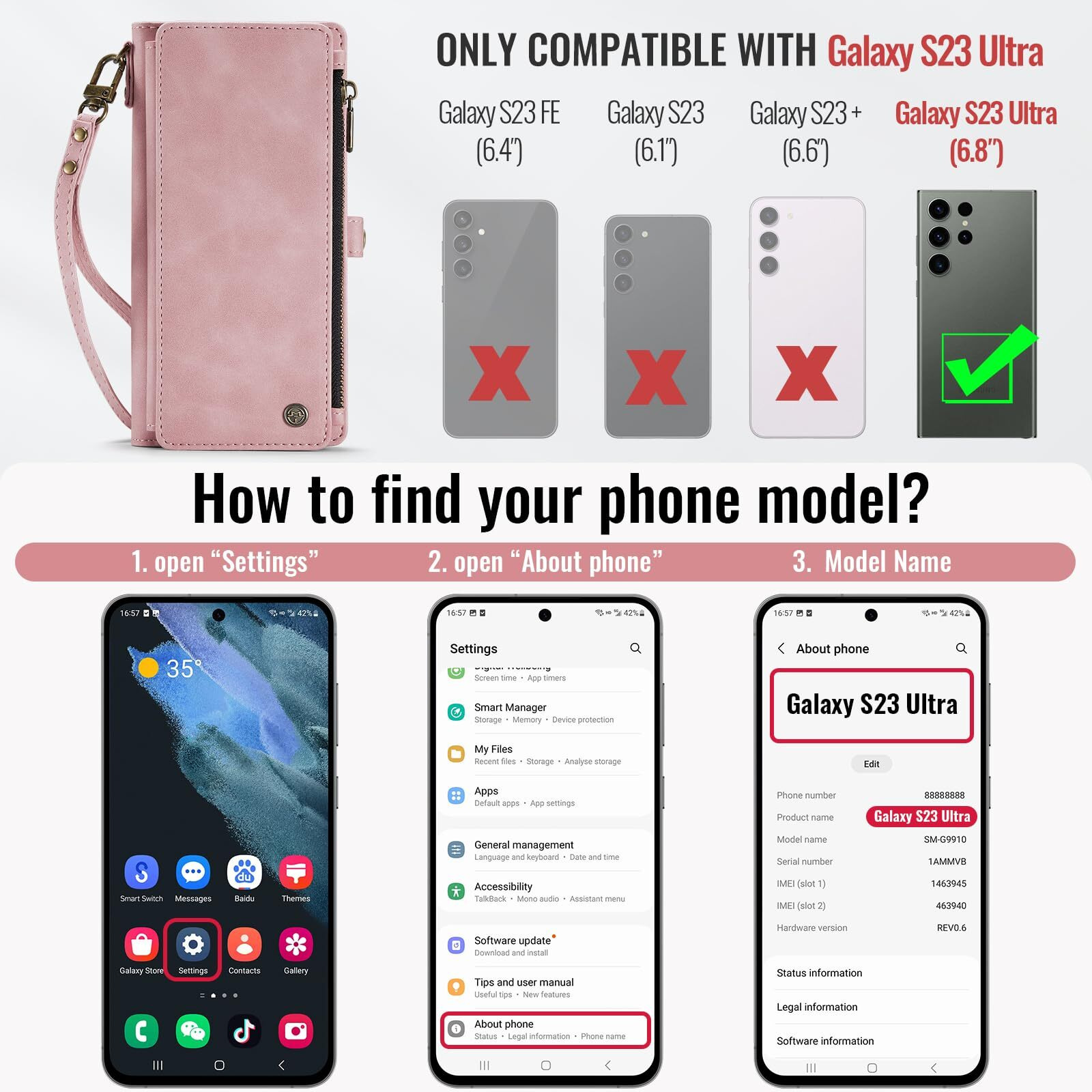 Defencase Compatible With Samsung Galaxy S23 Ultra Case Wallet With Rfid Blocking Card Holder For Women Men, Pu Leather Magnetic Snap Flip Zipper Strap Phone Case Fit For Galaxy S23 Ultra 5G, Pink