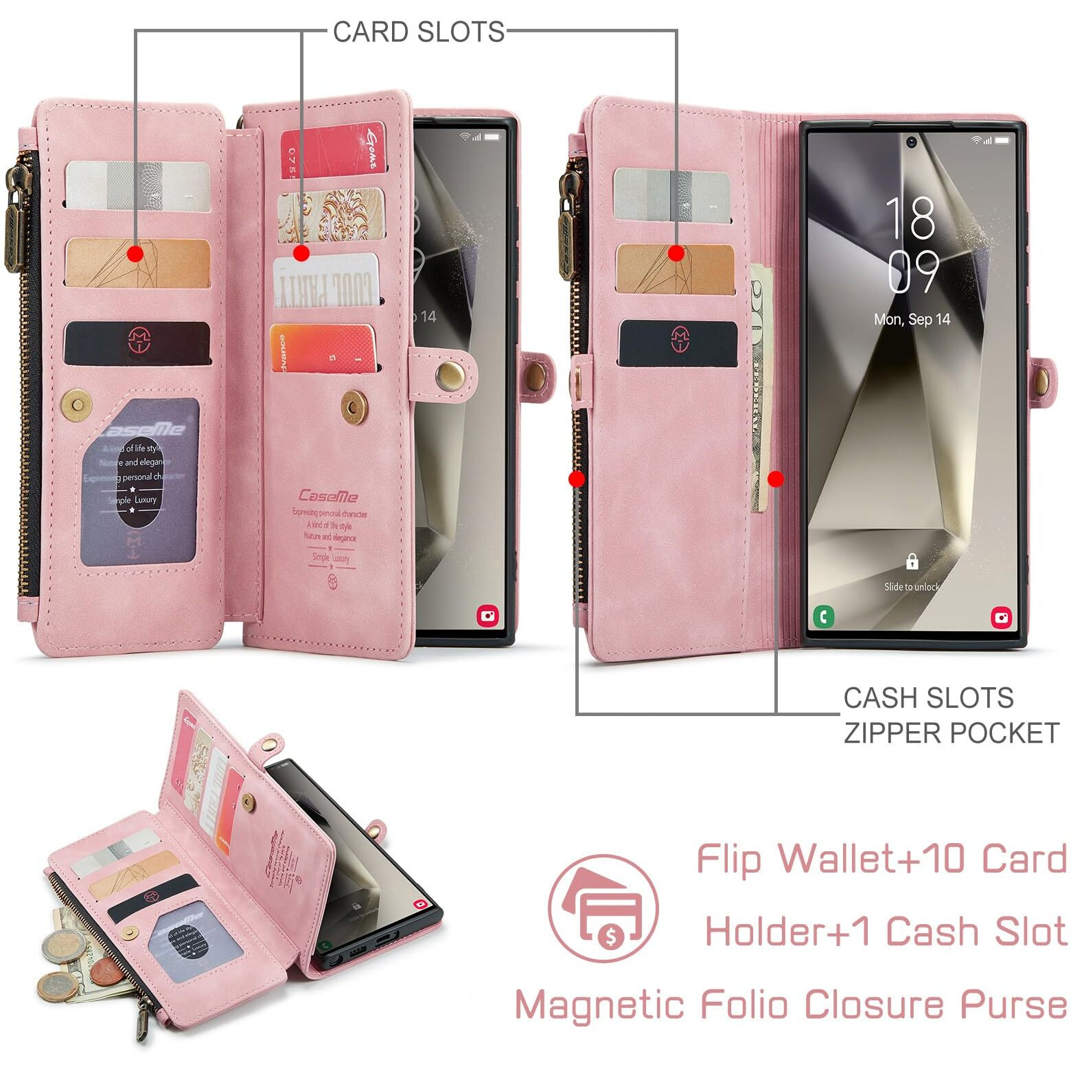 Defencase Compatible With Samsung Galaxy S23 Ultra Case Wallet With Rfid Blocking Card Holder For Women Men, Pu Leather Magnetic Snap Flip Zipper Strap Phone Case Fit For Galaxy S23 Ultra 5G, Pink