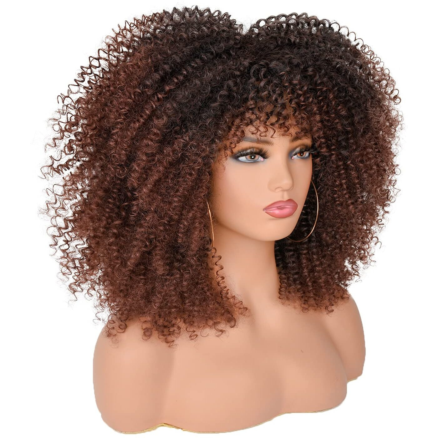 Annisoul 14Inch Short Curly Afro Wigs For Black Women Bomb Afro Kinky Curly Wig With Bangs Synthetic Fiber Full Wig(Dark Brown)