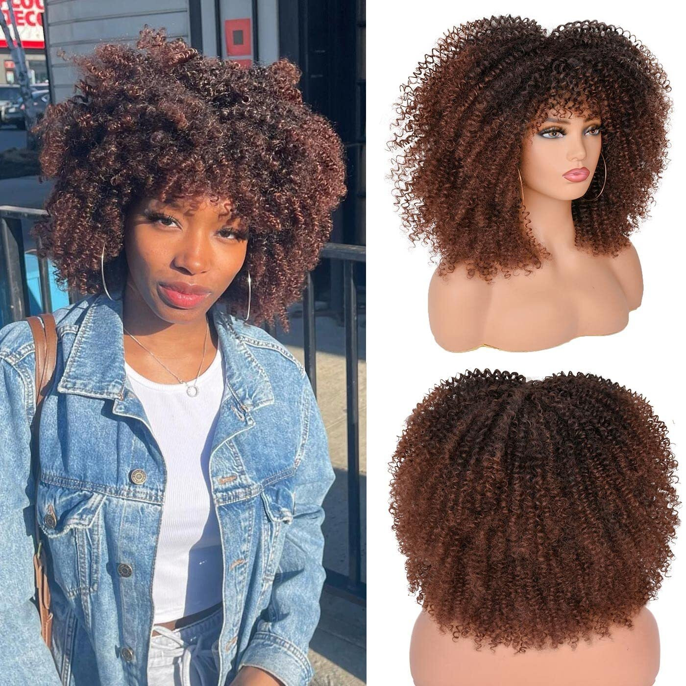 Annisoul 14Inch Short Curly Afro Wigs For Black Women Bomb Afro Kinky Curly Wig With Bangs Synthetic Fiber Full Wig(Dark Brown)