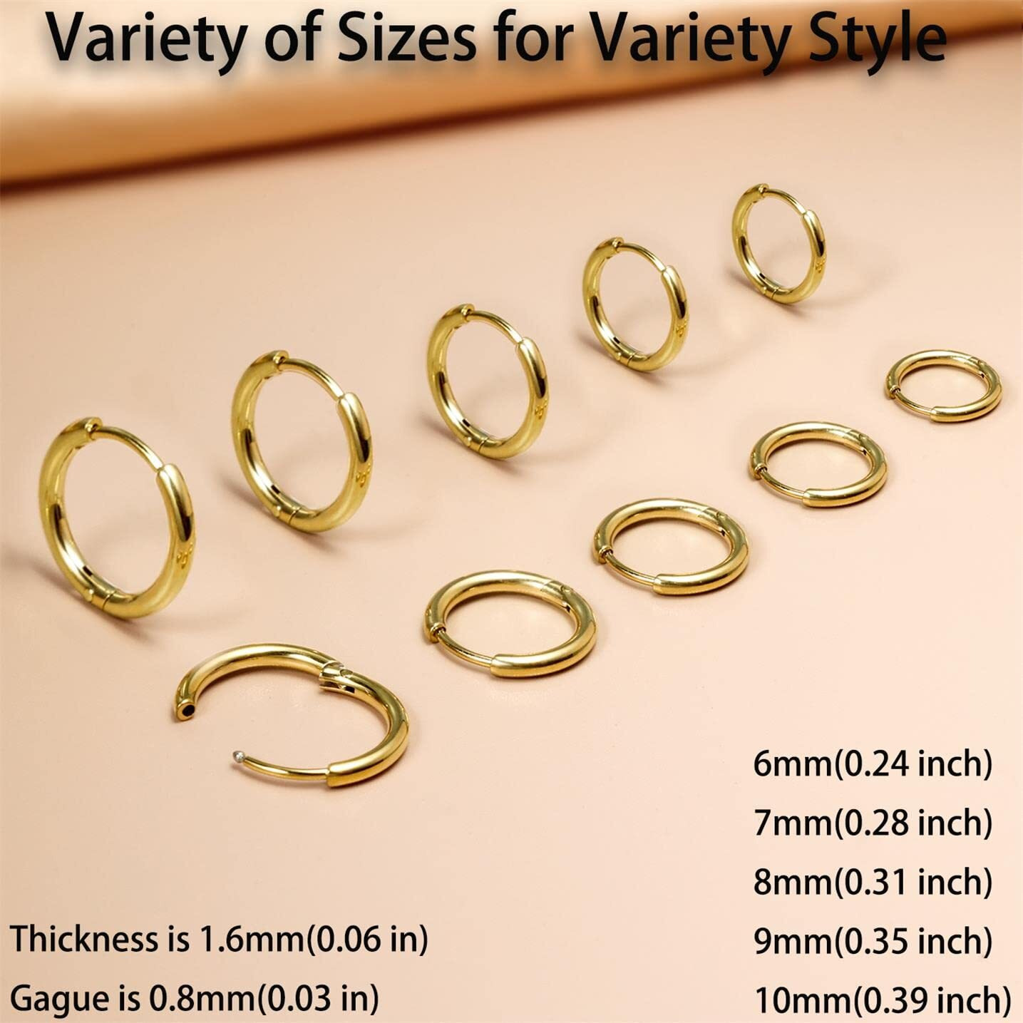 Small Gold Hoop Earrings Lightweight Hinged Huggie Hoop Earrings For Lobe Cartilage Helix Tiny Hoops Earrings In Gold Plated Silver Black For Women Men (Set Of 1 - 5 Pairs) (14K Gold - 6Mm/7Mm/8Mm/9Mm/10Mm)