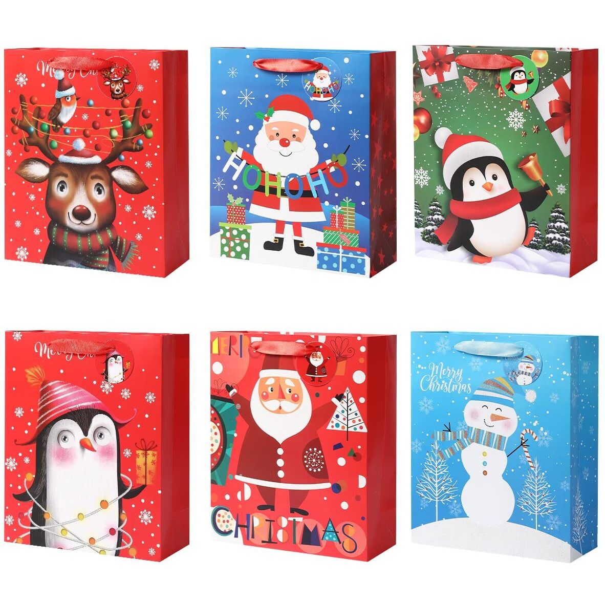 Vammy 13 "" Large Christmas Gift Bag Bundle, 6 Pack Christmas Paper Gift Bags For Christmas Holidays Party Favors And Kids Presents (Dreamy Elk, Cute Penguin, Santa With  "&quotHohoho "" Lettering, Adorable Snowman)