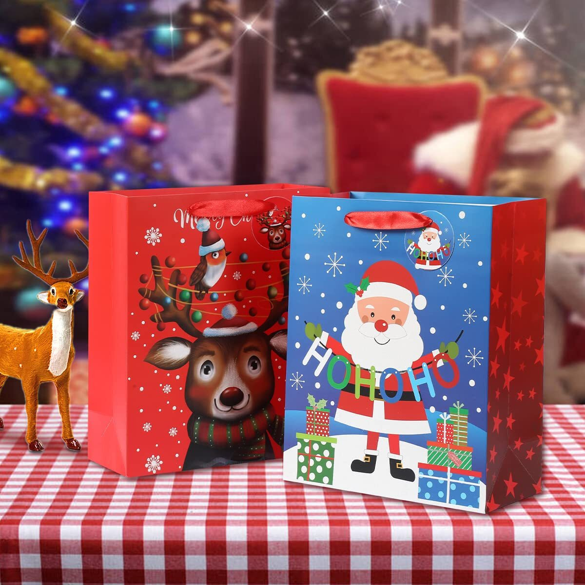 Vammy 13 "" Large Christmas Gift Bag Bundle, 6 Pack Christmas Paper Gift Bags For Christmas Holidays Party Favors And Kids Presents (Dreamy Elk, Cute Penguin, Santa With  "&quotHohoho "" Lettering, Adorable Snowman)