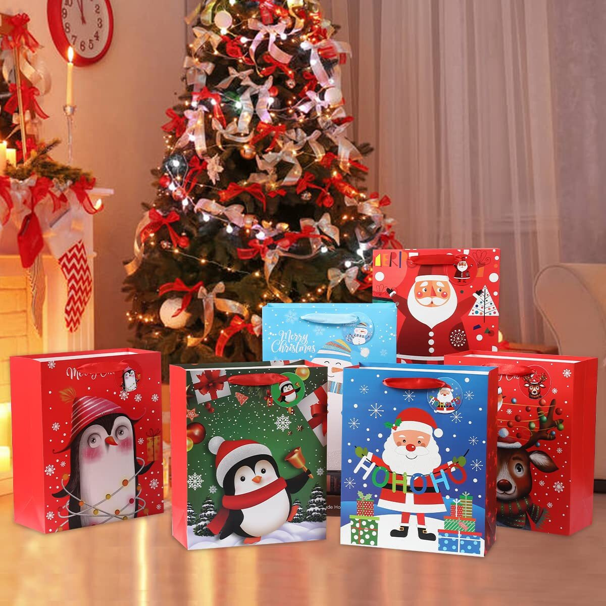 Vammy 13 "" Large Christmas Gift Bag Bundle, 6 Pack Christmas Paper Gift Bags For Christmas Holidays Party Favors And Kids Presents (Dreamy Elk, Cute Penguin, Santa With  "&quotHohoho "" Lettering, Adorable Snowman)