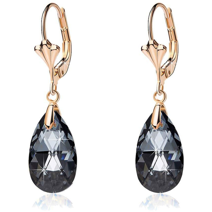 Austrian Crystal Teardrop Leverback Dangle Earrings For Women Fashion 14K Gold Plated Hypoallergenic Jewelry (Black)
