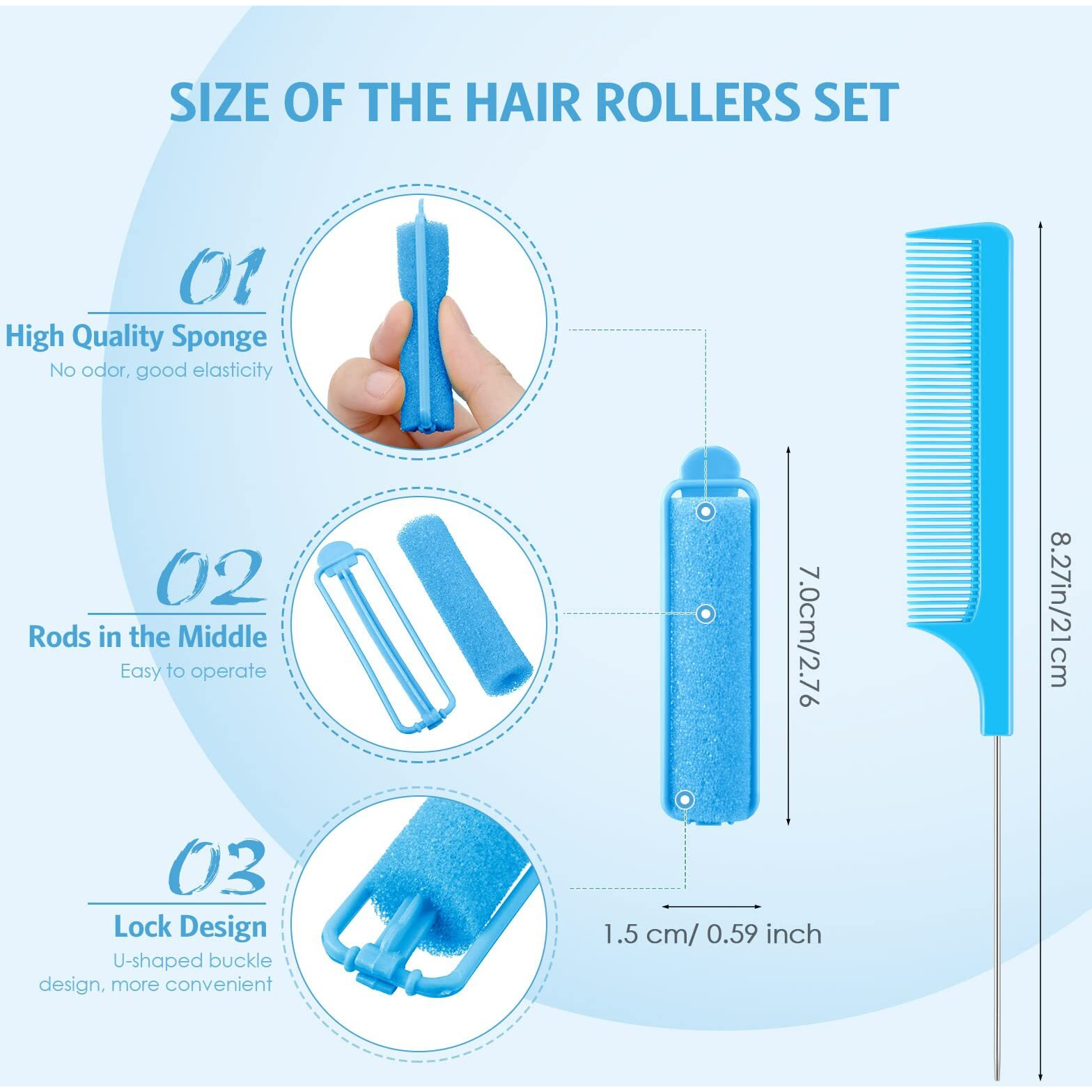 Syhood 43 Pcs Foam Sponge Hair Rollers Women 0.59 Inch Soft Sleeping Curlers Flexible Sponge Curler Tool And Rat Tail Comb For Hair Styling Hairdressing Overnight Curl And Volume(Dark Blue)