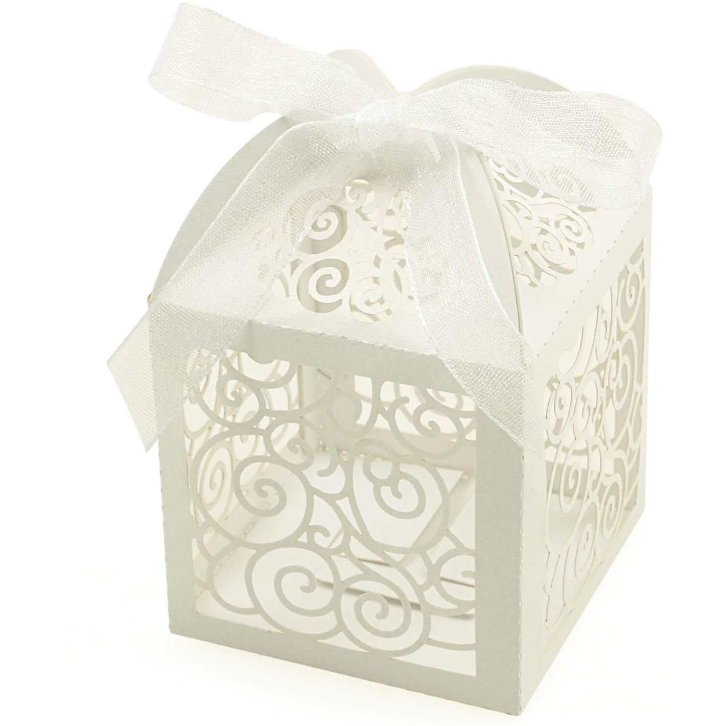 Kposiya 100 Pack Wedding Favor Boxes Laser Cut Boxes Party Favor Box Small Gift Boxes Lace Candy Boxes For Wedding Bridal Shower Baby Shower Birthday Party Anniverary With Ribbons (White, 100)