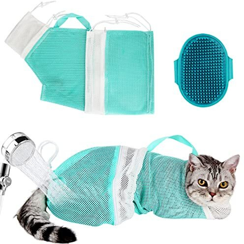 Cat Bag For Bathing Set With Cat Grooming Washing Bag Adjustable Pet Shower Brush - Cat Bathing Mesh Bag Anti Scratch Anti Bite Soft Durable For Cats & Dogs Restraint Grooming Nail Trimming Washing