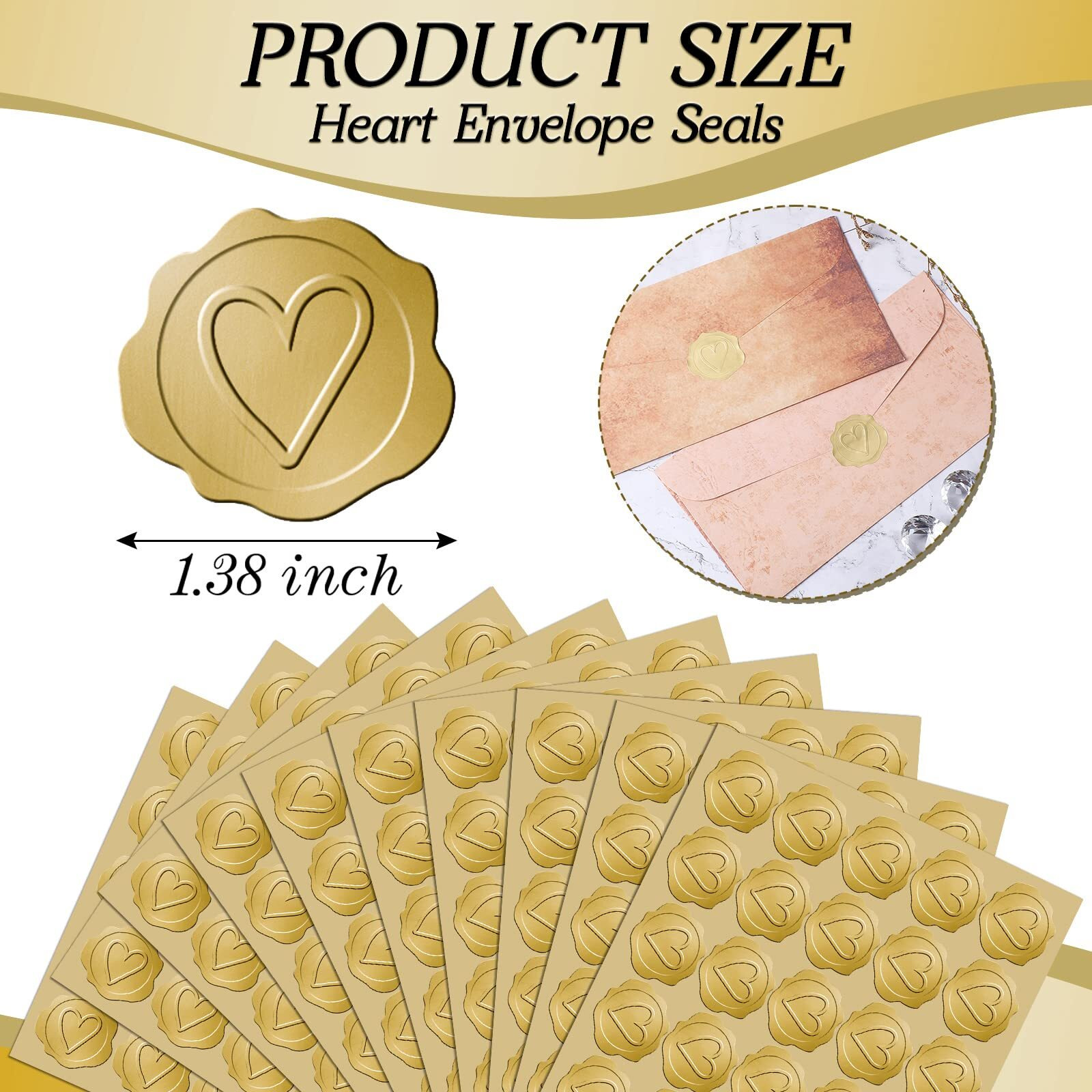300 Pcs Gold Heart Stickers Wedding Envelopes Seals Stickers Embossed Gold Envelope Seals Self Adhesive Wax Seals Stickers For Wedding Invitations, Greeting Cards(Heart,Gold)