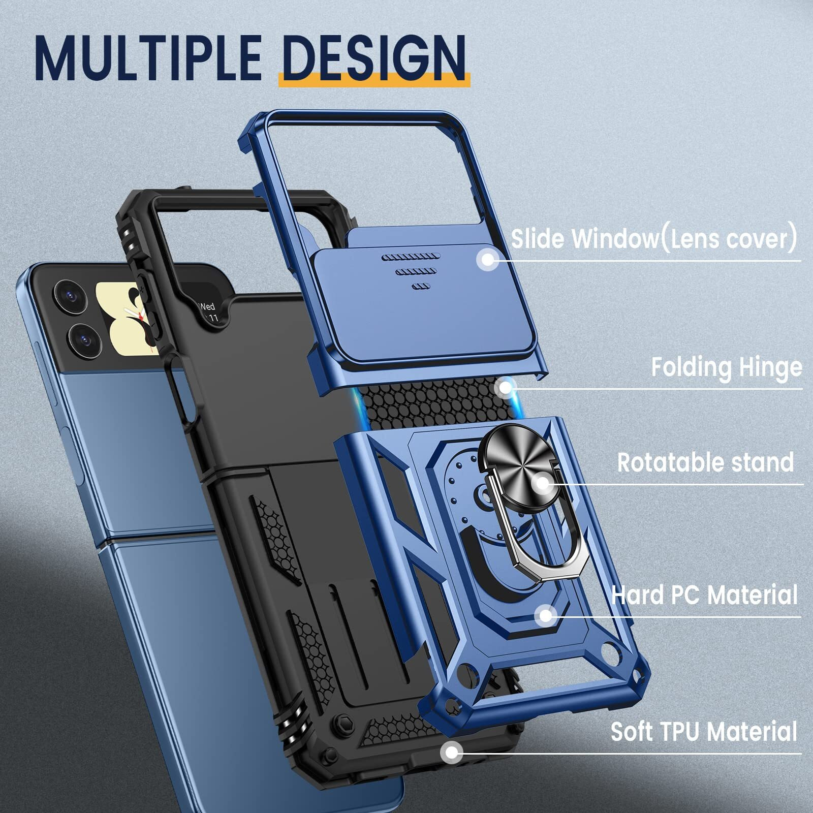 Goton For Samsung Z Flip 4 Case, Galaxy Z Flip 4 Case With Camera Cover, [Hinge Protection] & 360 Kickstand Ring Military Grade Shockproof Cover For Samsung Z Flip 4 Case 2022 Blue