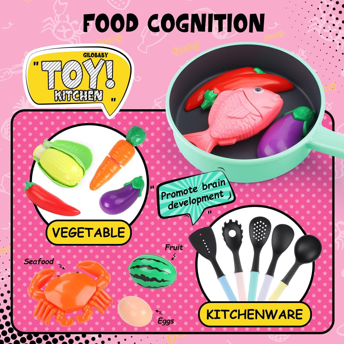 Gilobaby Play Kitchen Accessories, Play Food Sets For Kids Kitchen Playset With Pots And Pans Set, Cooking Utensils, Preschool Learning Education Toys For Toddlers, Birthday Gifts For Girls (Pink)