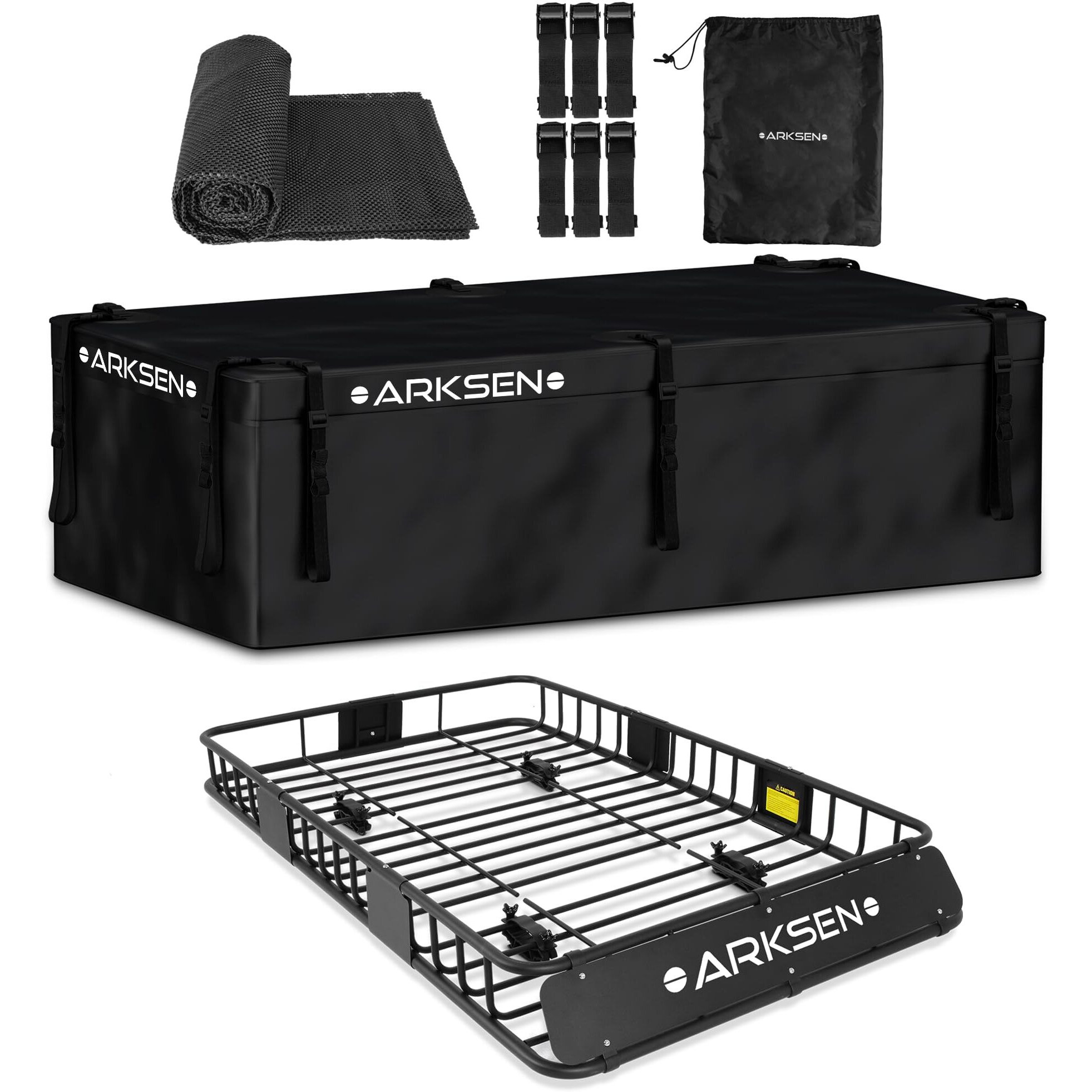 Arksen 64 X 39 Inch Universal 150Lb Heavy Duty Roof Rack Cargo With 500D Pvc Waterproof Cargo Bag, Car Top Luggage Holder Carrier Basket For Suv, Truck Or Rv Camping Storage Steel Construction