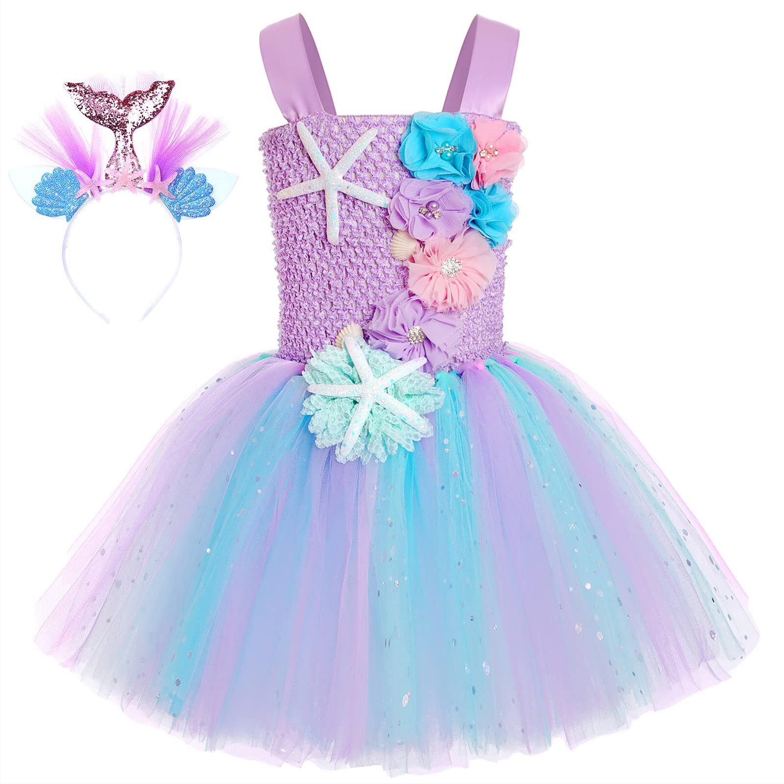 Skcaiht Mermaid Costume Dress For Girls Mermaid Light Up Dress For Girls Mermaid Birthday Party Gifts Decorations Halloween Costumes (5-6 Years)