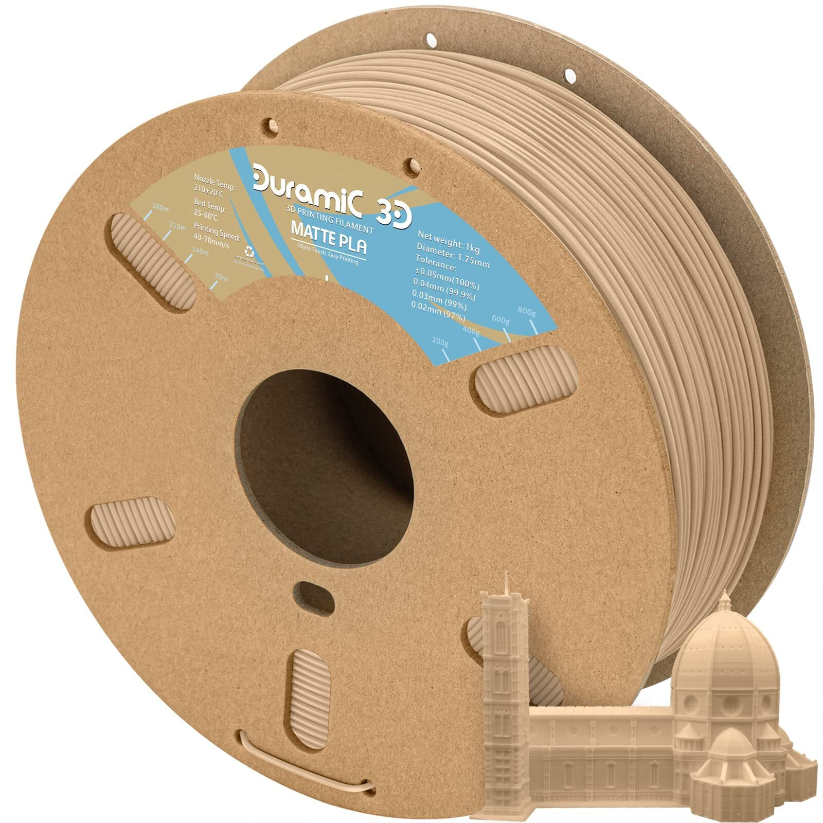 Duramic 3D Matte Pla Filament 1.75Mm Beige, 1Kg Cardboard Spool Matte Finish 3D Printer Filament Pla 1.75Mm Dimensional Accuracy 99% +/- 0.03 Mm, Printing With Fdm 3D Printer, Easy To Remove Support