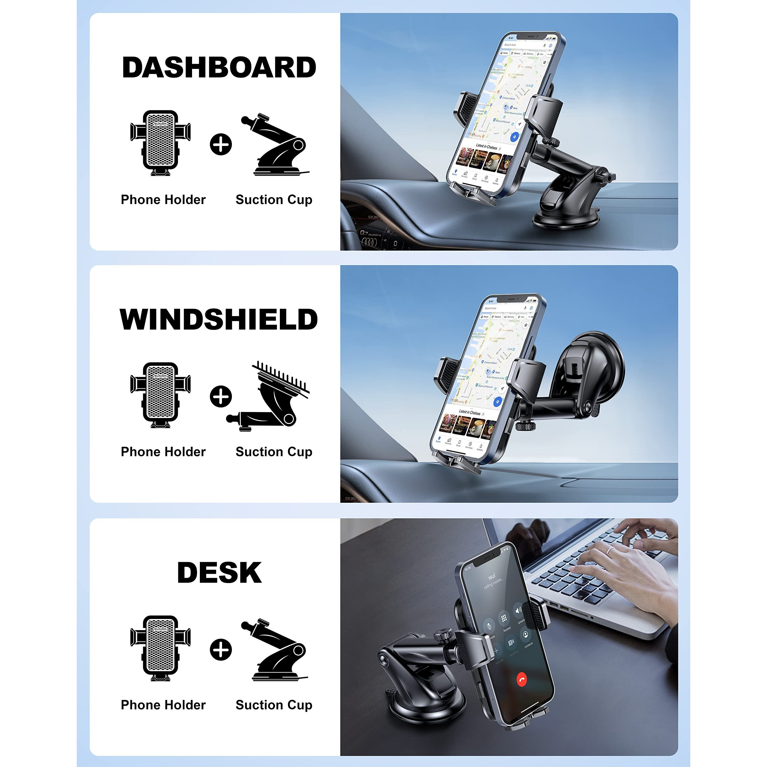 Suction Cup Car Phone Mount For Windshield/Dashboard, Hand Free Mobile Phone Holder For Car, Universal Cell Phone Holder Stand For Iphone 15 14 13 12 Pro Max Samsung Android Thick Case Friendly