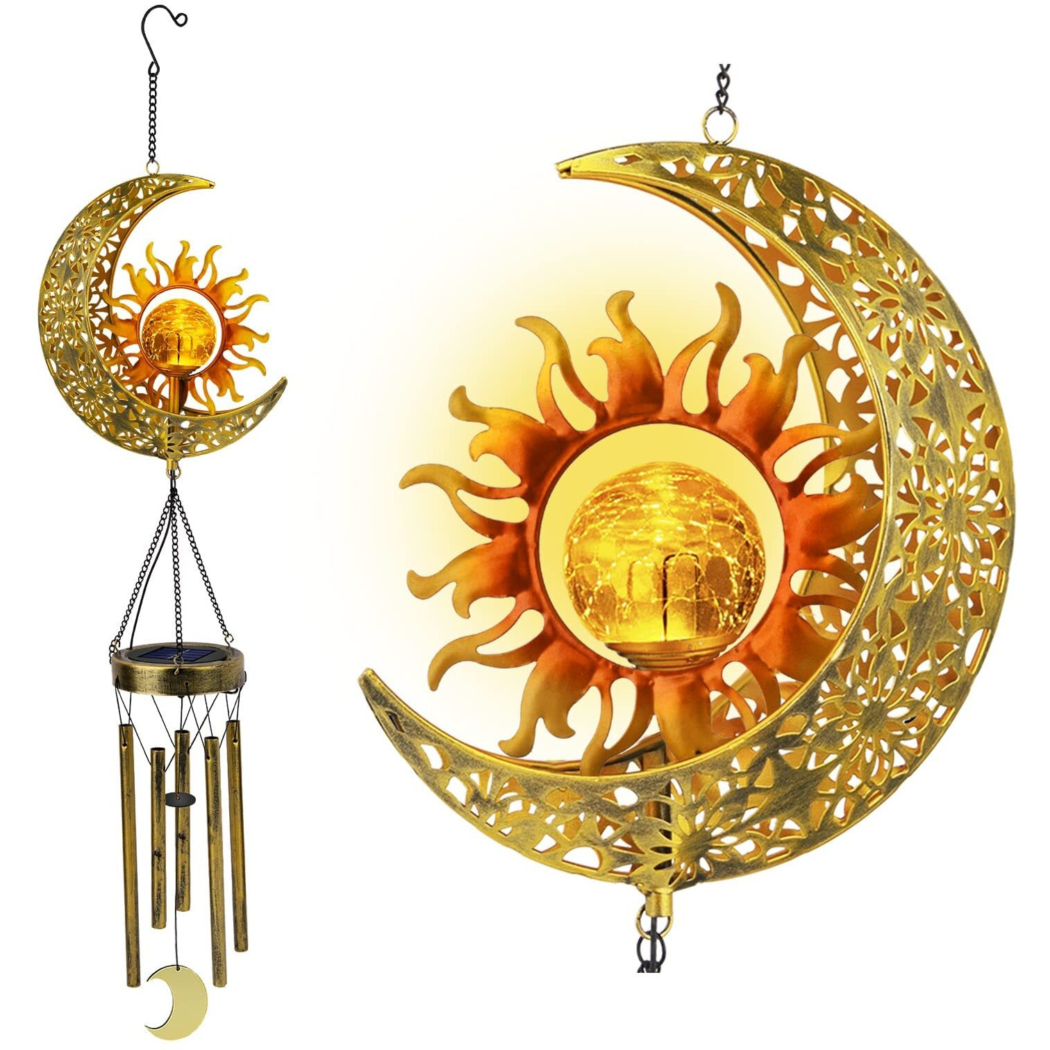 Jyps Sun Moon Solar Wind Chimes For Outside Crackle Glass Ball Waterproof Wind Chimes Outdoor Clearance Deep Tone Garden Decor Birthday Unique Gifts For Women Mom Grandma Windchimes Gardening